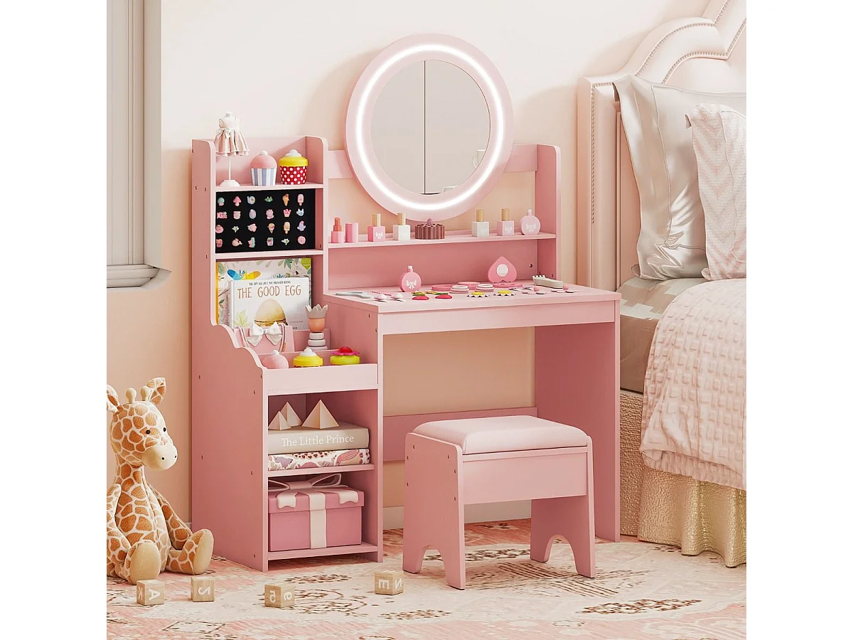 Kinder Schminktisch mit Spiegel & Licht Prinzessin Spieltisch mit Regal Ringschlitzen & gepolstertem Hocker Rosa