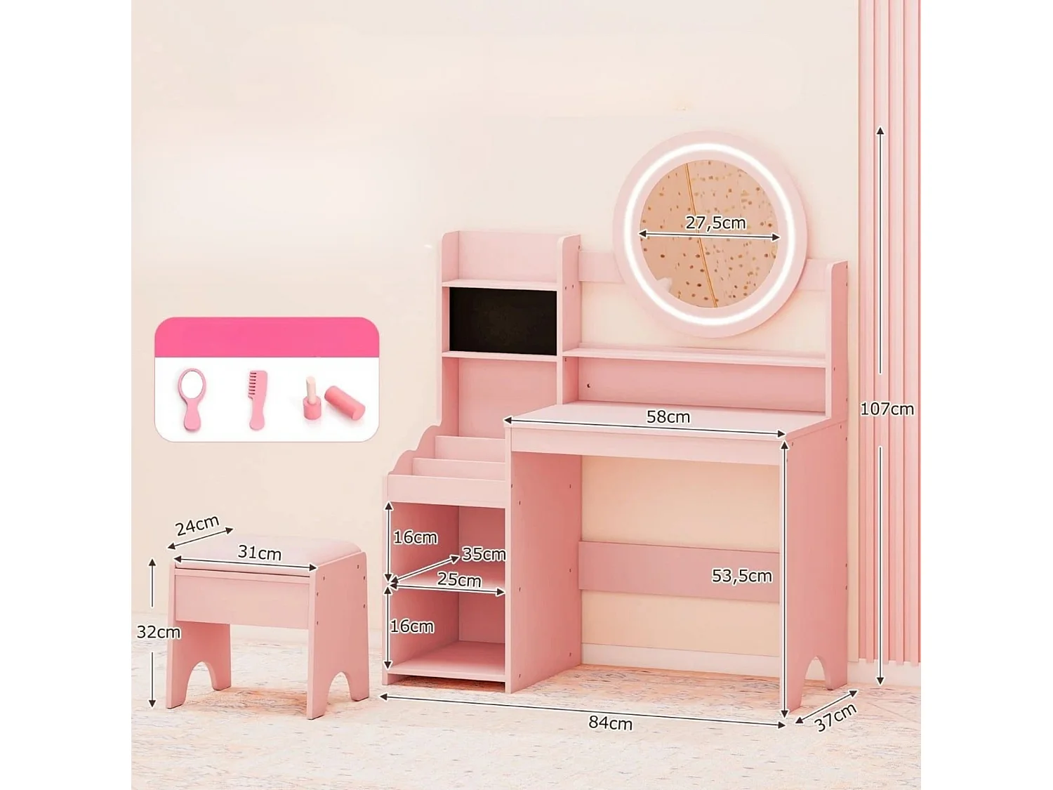 Kinder Schminktisch mit Spiegel & Licht Prinzessin Spieltisch mit Regal Ringschlitzen & gepolstertem Hocker Rosa