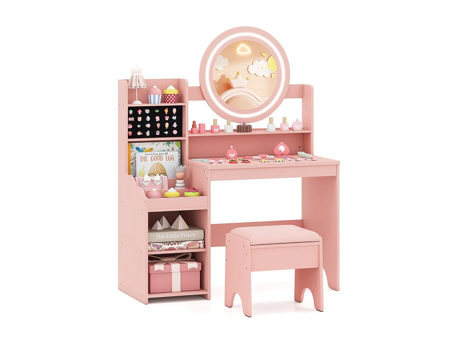 Kinder Schminktisch mit Spiegel & Licht Prinzessin Spieltisch mit Regal Ringschlitzen & gepolstertem Hocker Rosa