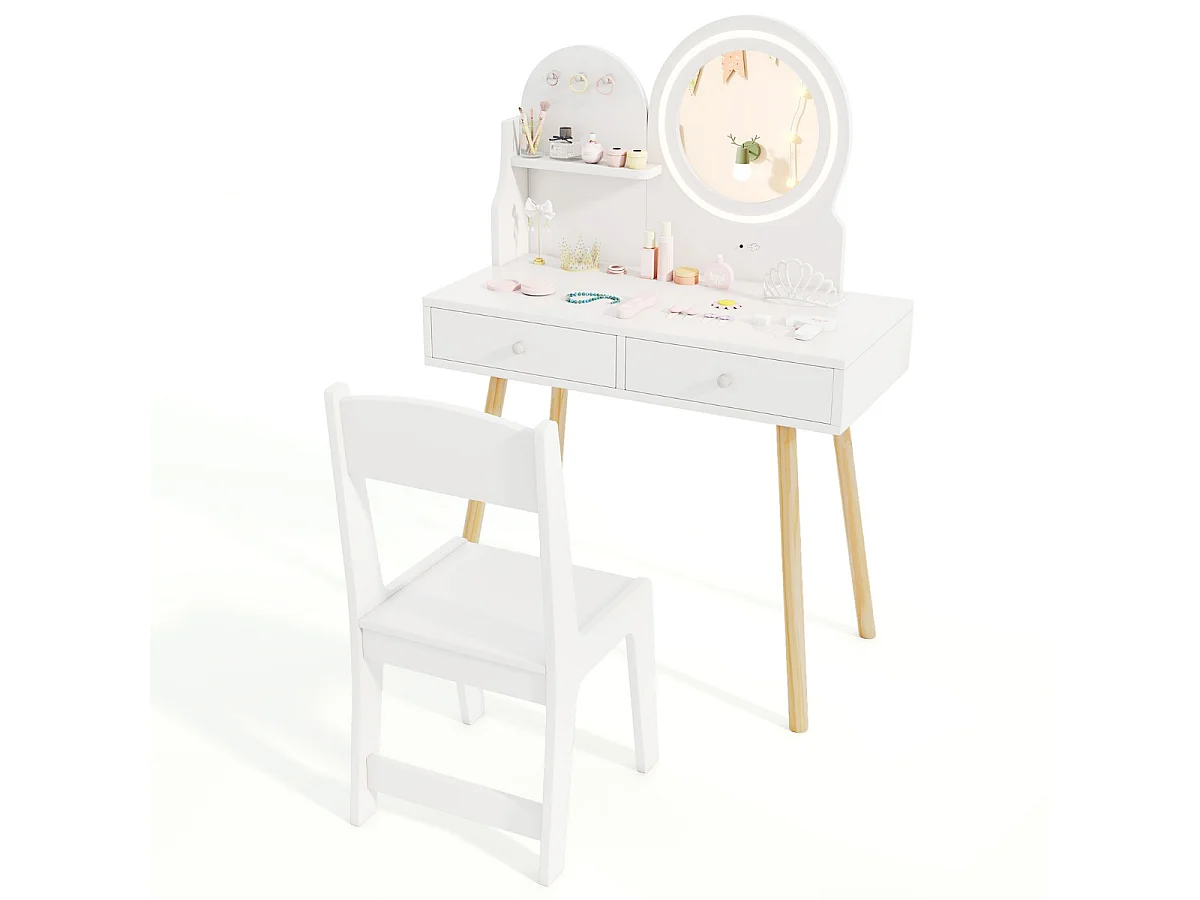 Ensemble de Coiffeuse pour Enfants avec Miroir Éclairé Table de Maquillage et Chaise avec Lumières Étagère Ouverte Crochets Blanc