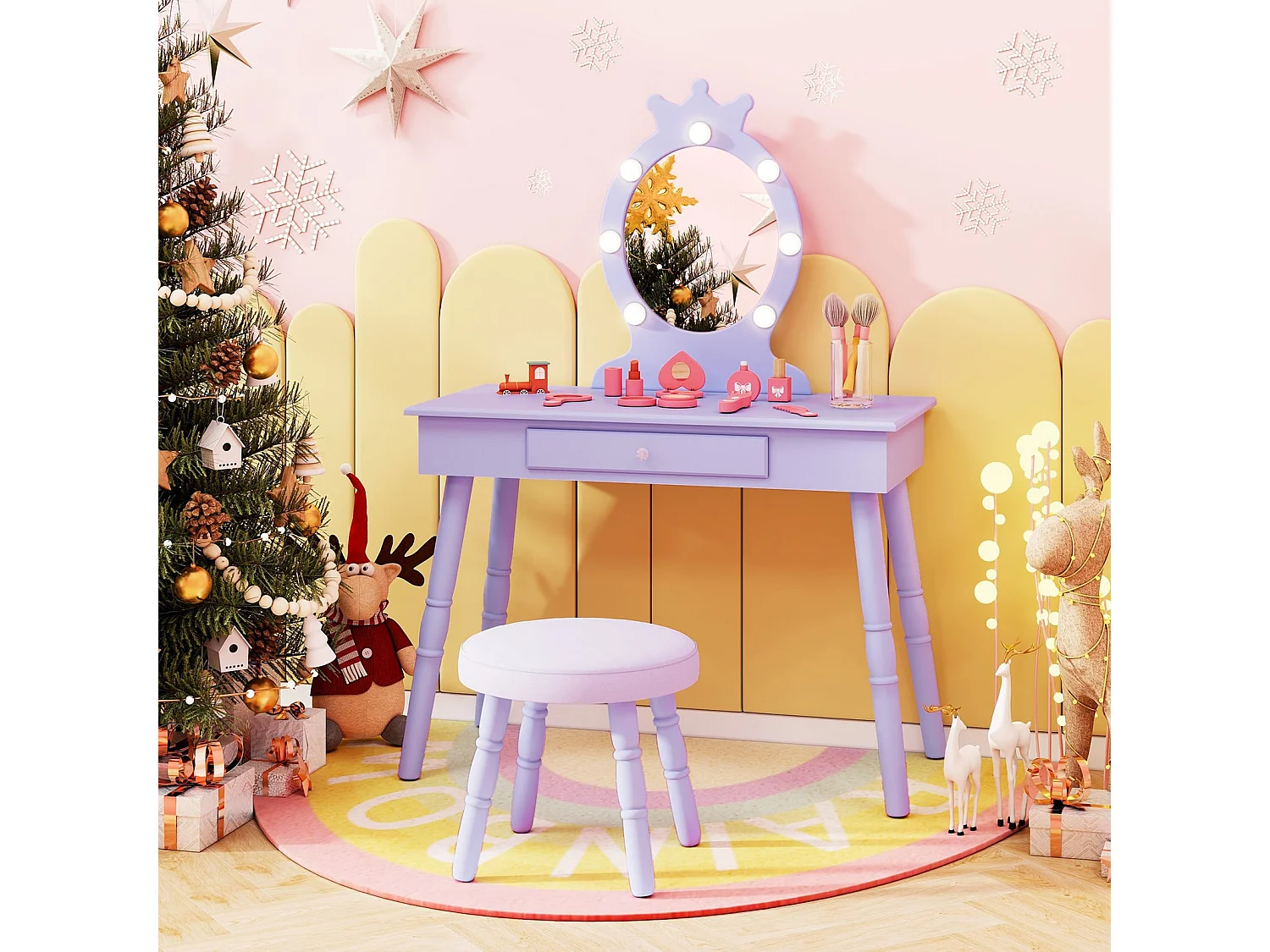 2 in 1 Frisiertisch Prinzessin mit Abnehmbarem Spiegel & Schublade Kinder Schminktisch Lila