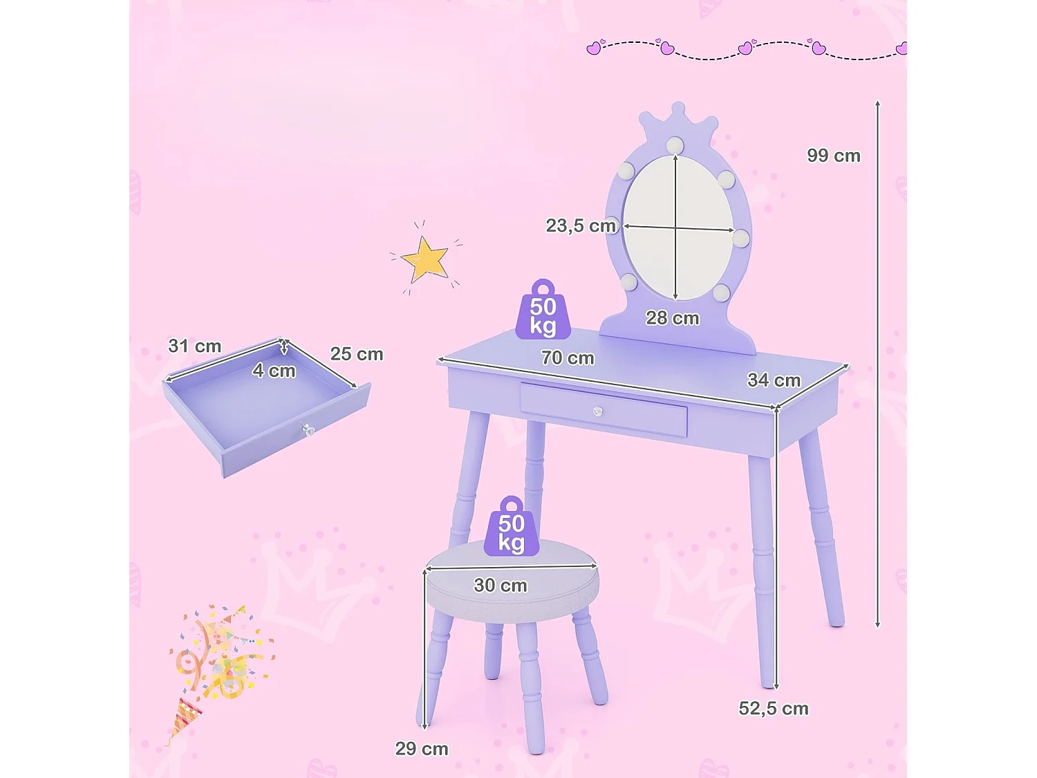 2 in 1 Frisiertisch Prinzessin mit Abnehmbarem Spiegel & Schublade Kinder Schminktisch Lila