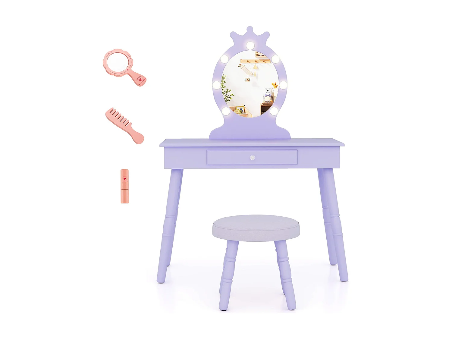 2 in 1 Frisiertisch Prinzessin mit Abnehmbarem Spiegel & Schublade Kinder Schminktisch Lila