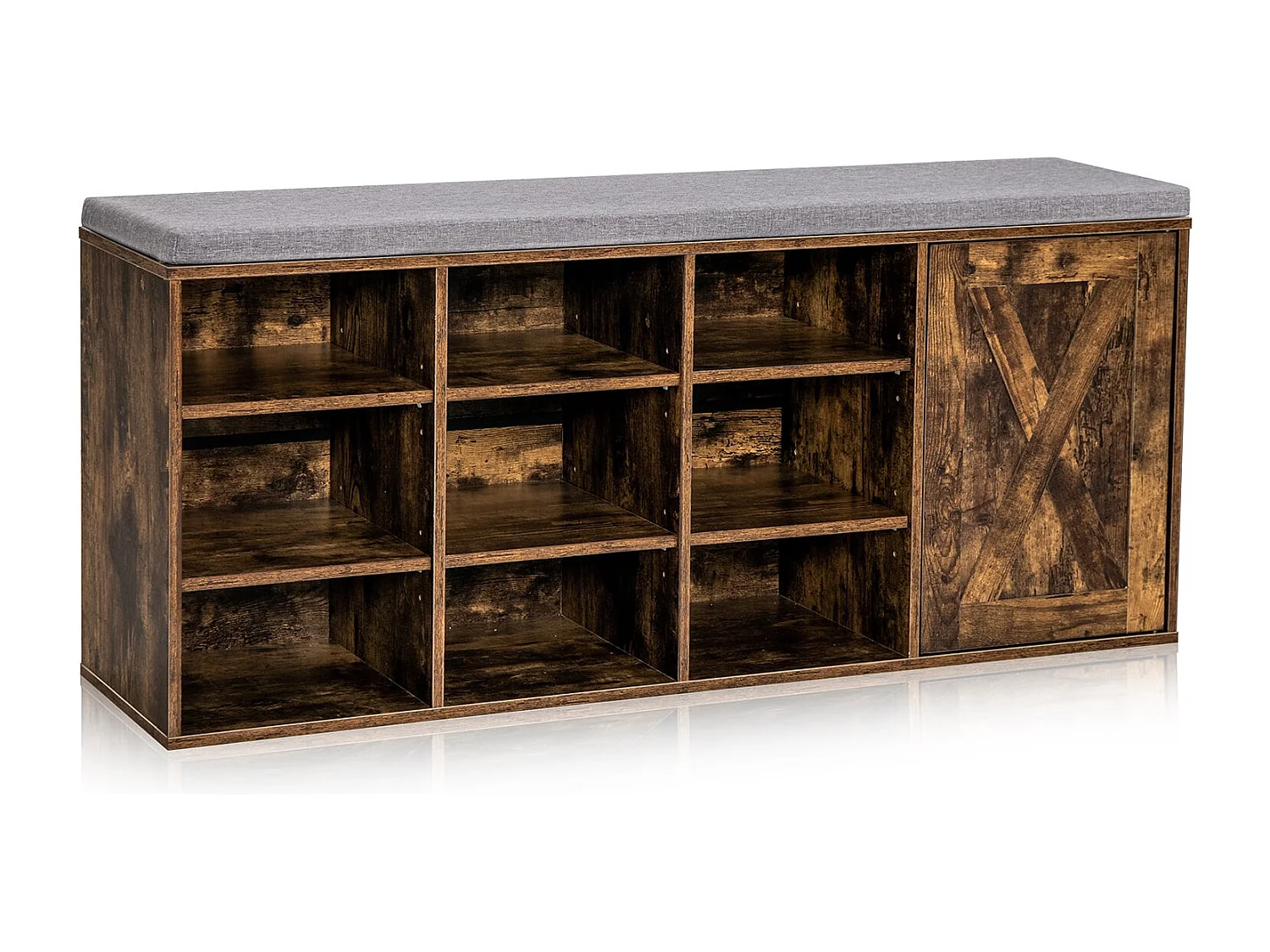 Banc à Chaussures avec Coussin Rembourré Étagère à Chaussures 3 Niveaux avec Étagères Ajustables Ouvre-porte Marron Rustique