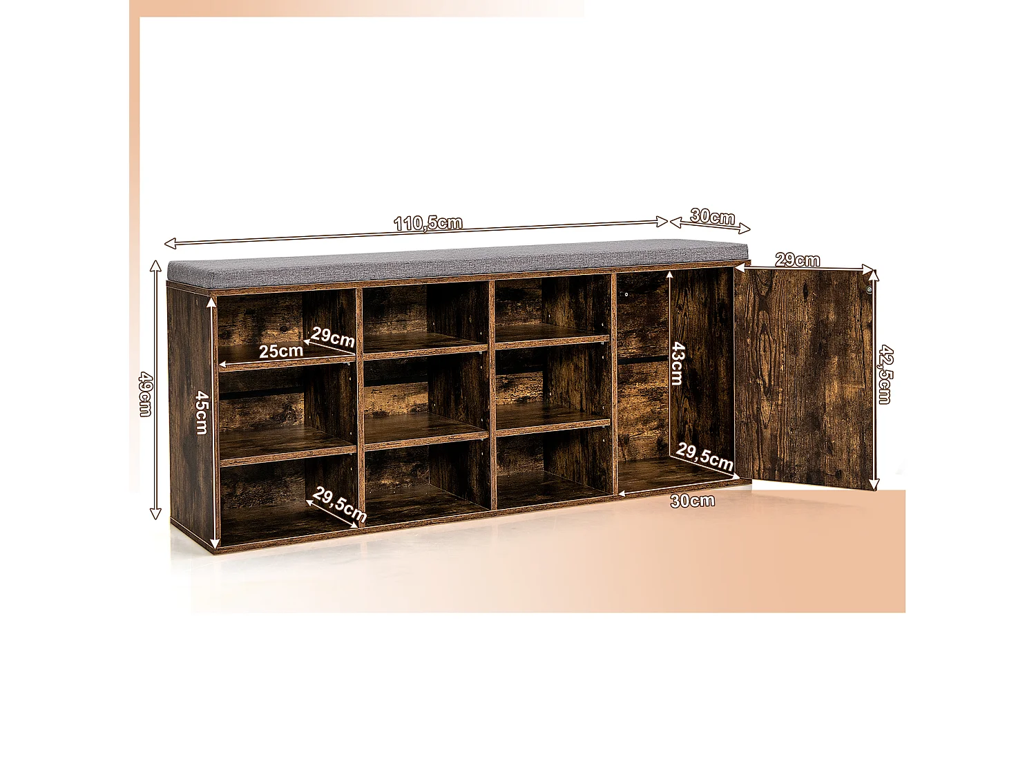Banc à Chaussures avec Coussin Rembourré Étagère à Chaussures 3 Niveaux avec Étagères Ajustables Ouvre-porte Marron Rustique