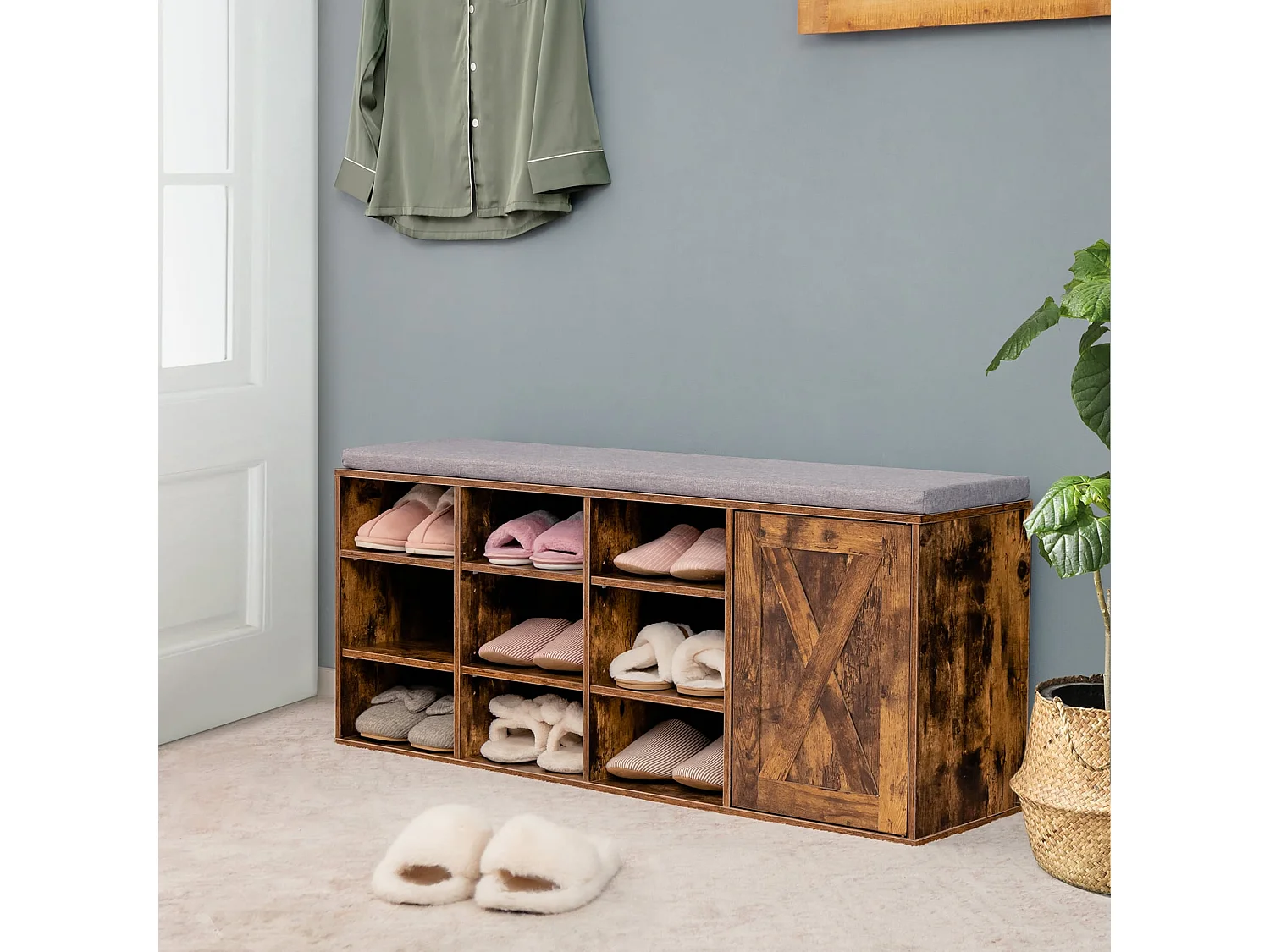 Banc à Chaussures avec Coussin Rembourré Étagère à Chaussures 3 Niveaux avec Étagères Ajustables Ouvre-porte Marron Rustique