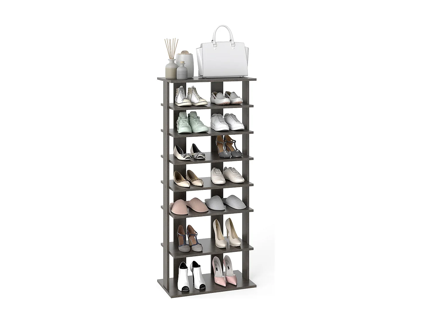 Meuble à Chaussures à 7 Niveaux avec Étagère Amovible Porte-Chaussures à Double Rangée avec Dispositif Anti-dumping Gris