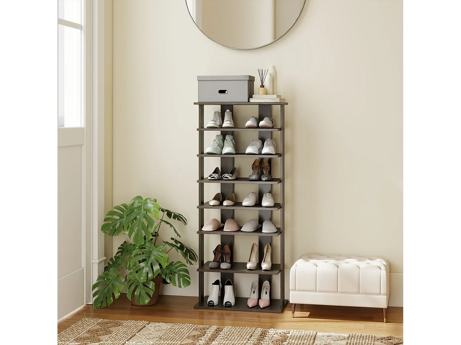 Meuble à Chaussures à 7 Niveaux avec Étagère Amovible Porte-Chaussures à Double Rangée avec Dispositif Anti-dumping Gris