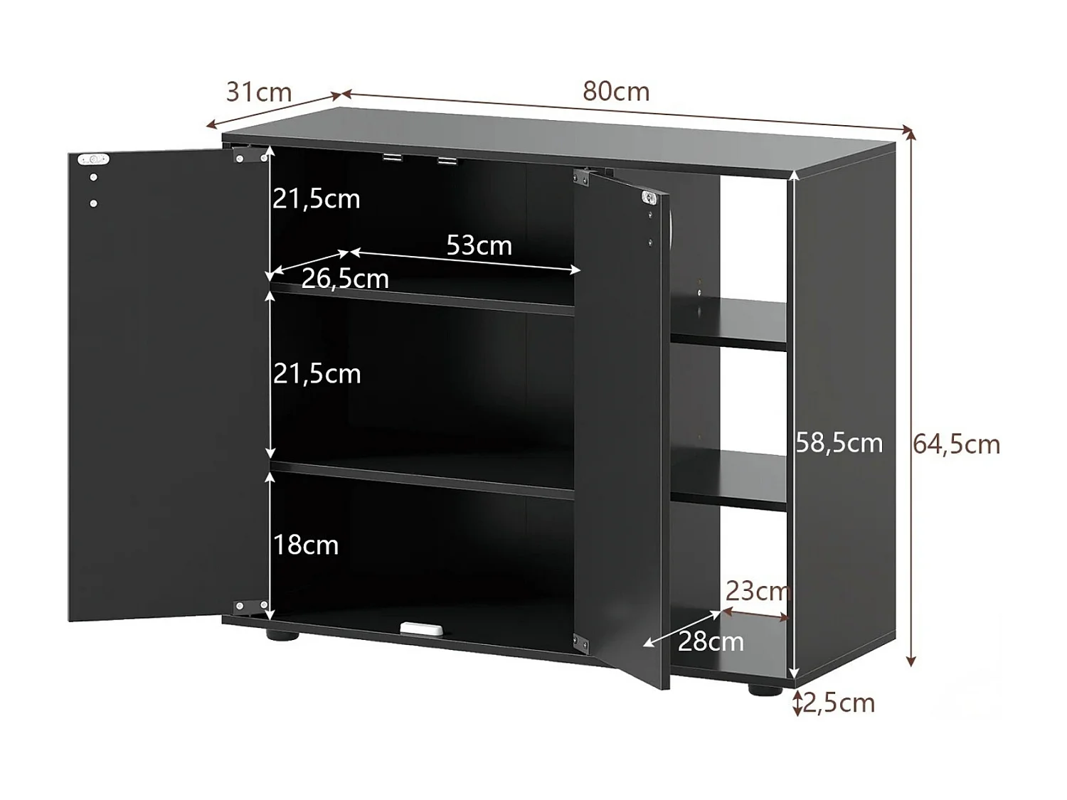 Mobiletto per scarpe con ante in legno autonomo per ingress, Scaffale porta scarpe a 3 ripiani con mensole regolabili Nero