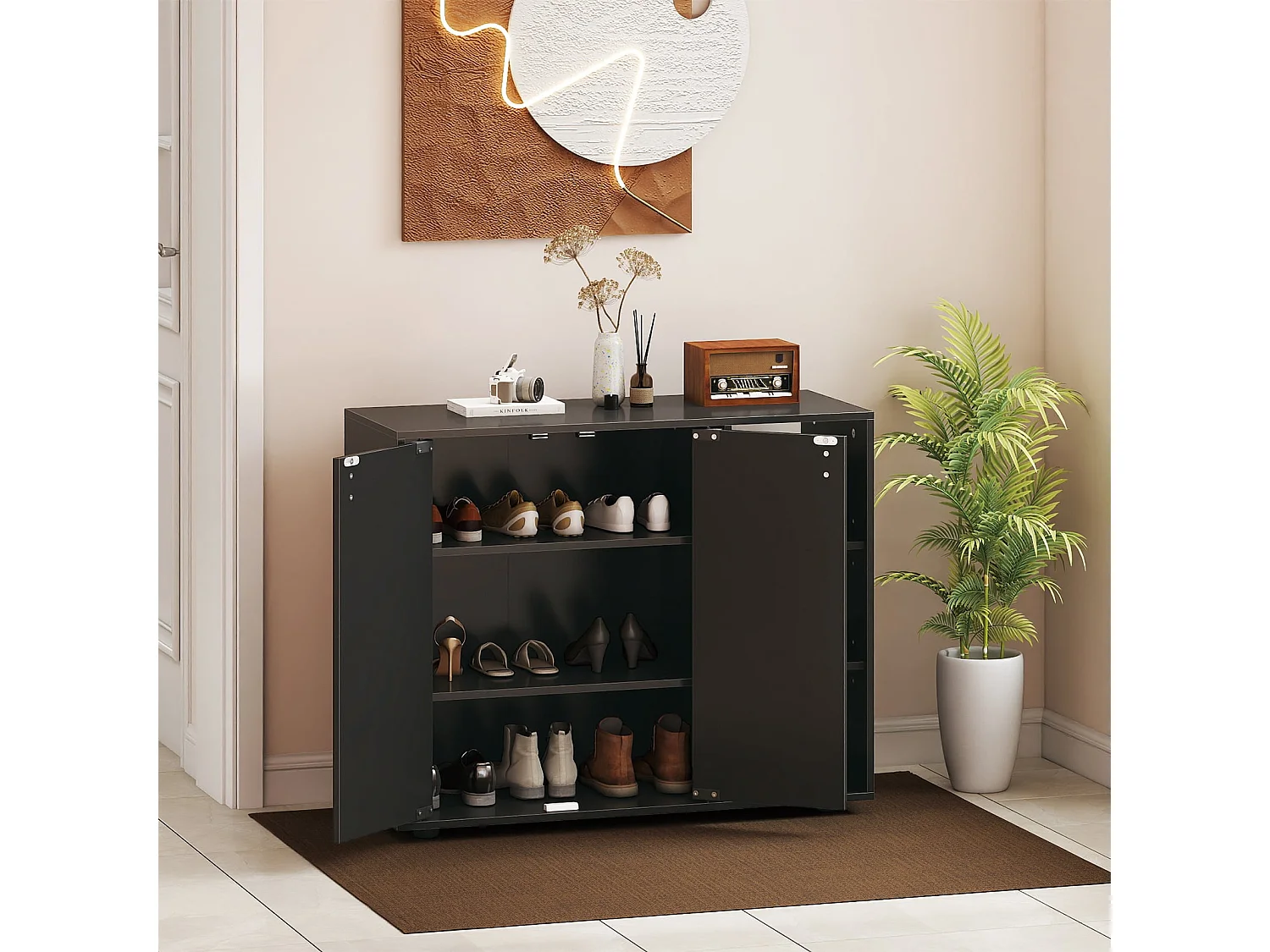 Mobiletto per scarpe con ante in legno autonomo per ingress, Scaffale porta scarpe a 3 ripiani con mensole regolabili Nero