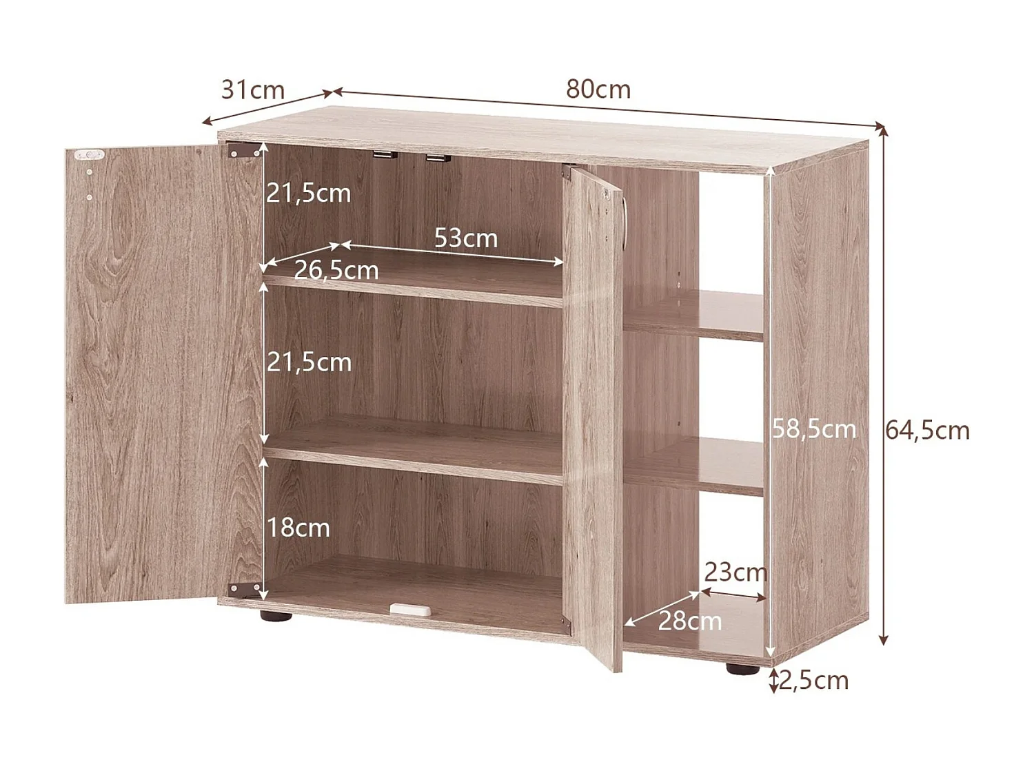 Meuble à Chaussures avec Portes Range-Chaussures à 3 Niveaux avec Étagères Ouvertes Réglables 80 x 31 x 64,5cm Naturel