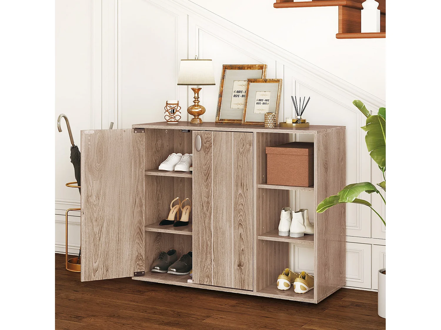 Meuble à Chaussures avec Portes Range-Chaussures à 3 Niveaux avec Étagères Ouvertes Réglables 80 x 31 x 64,5cm Naturel