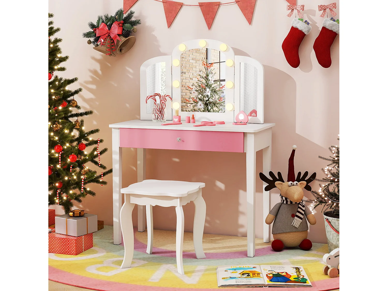 2 in 1 Kinder Schminktisch Set mit Abnehmbarem Spiegel & 3 Lichtfarben Makeup-Tisch Weiß