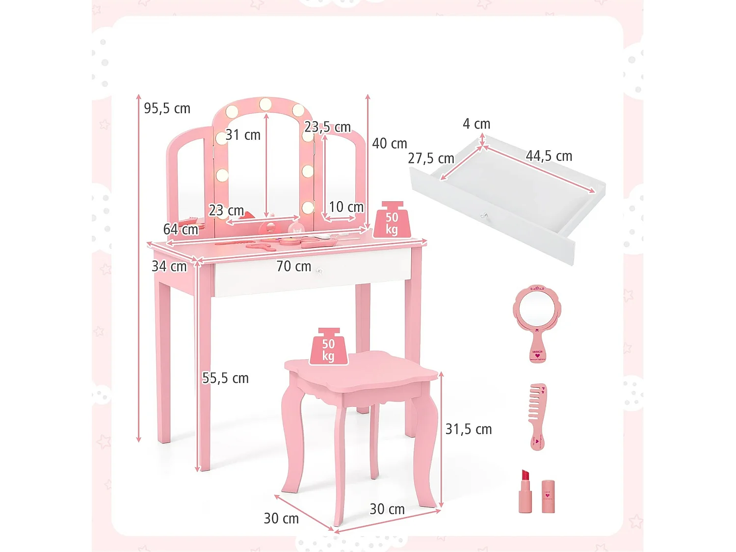 2 in 1 Kinder Schminktisch Set mit Abnehmbarem Spiegel & 3 Lichtfarben Makeup-Tisch Weiß