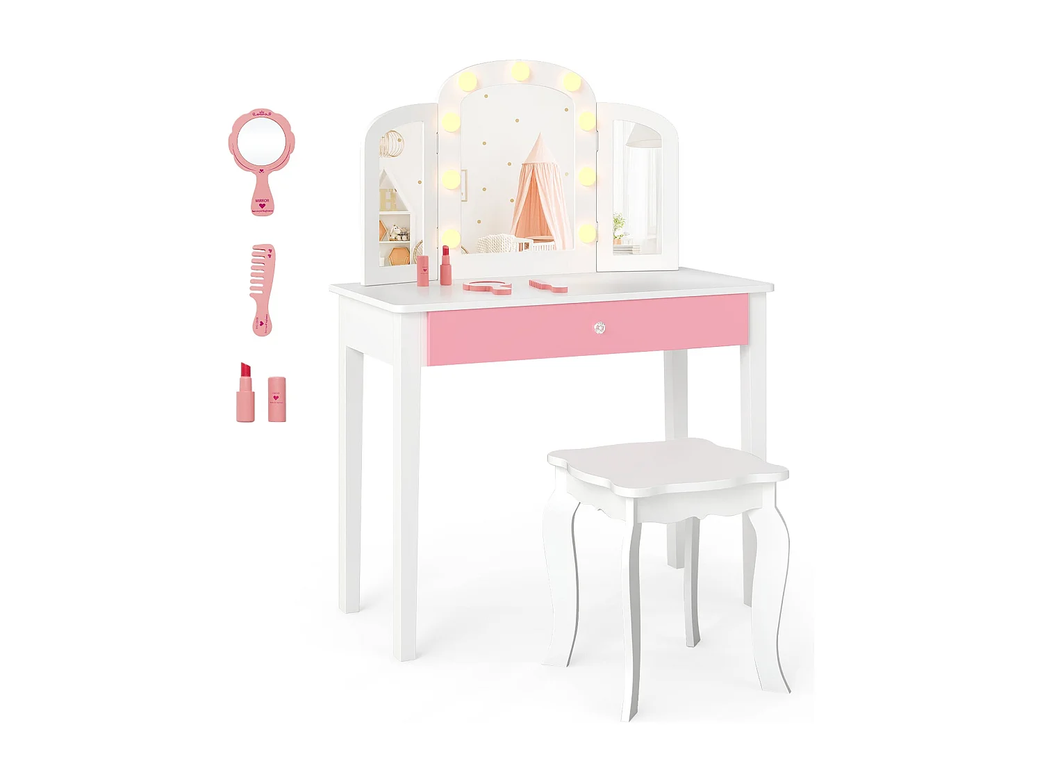 2 in 1 Kinder Schminktisch Set mit Abnehmbarem Spiegel & 3 Lichtfarben Makeup-Tisch Weiß