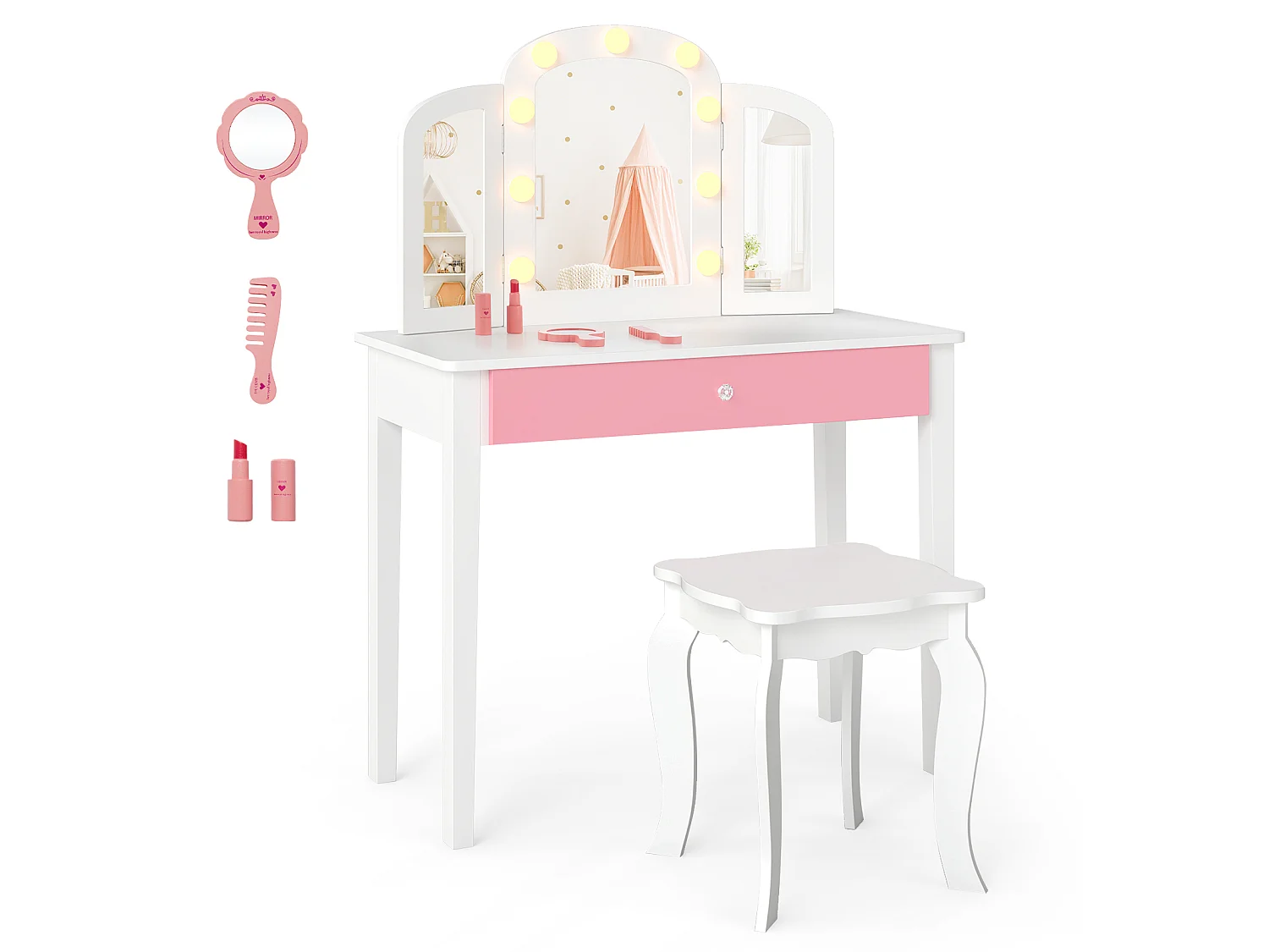 Børne-toiletbord med belysning og skammel Makeup-toiletbord