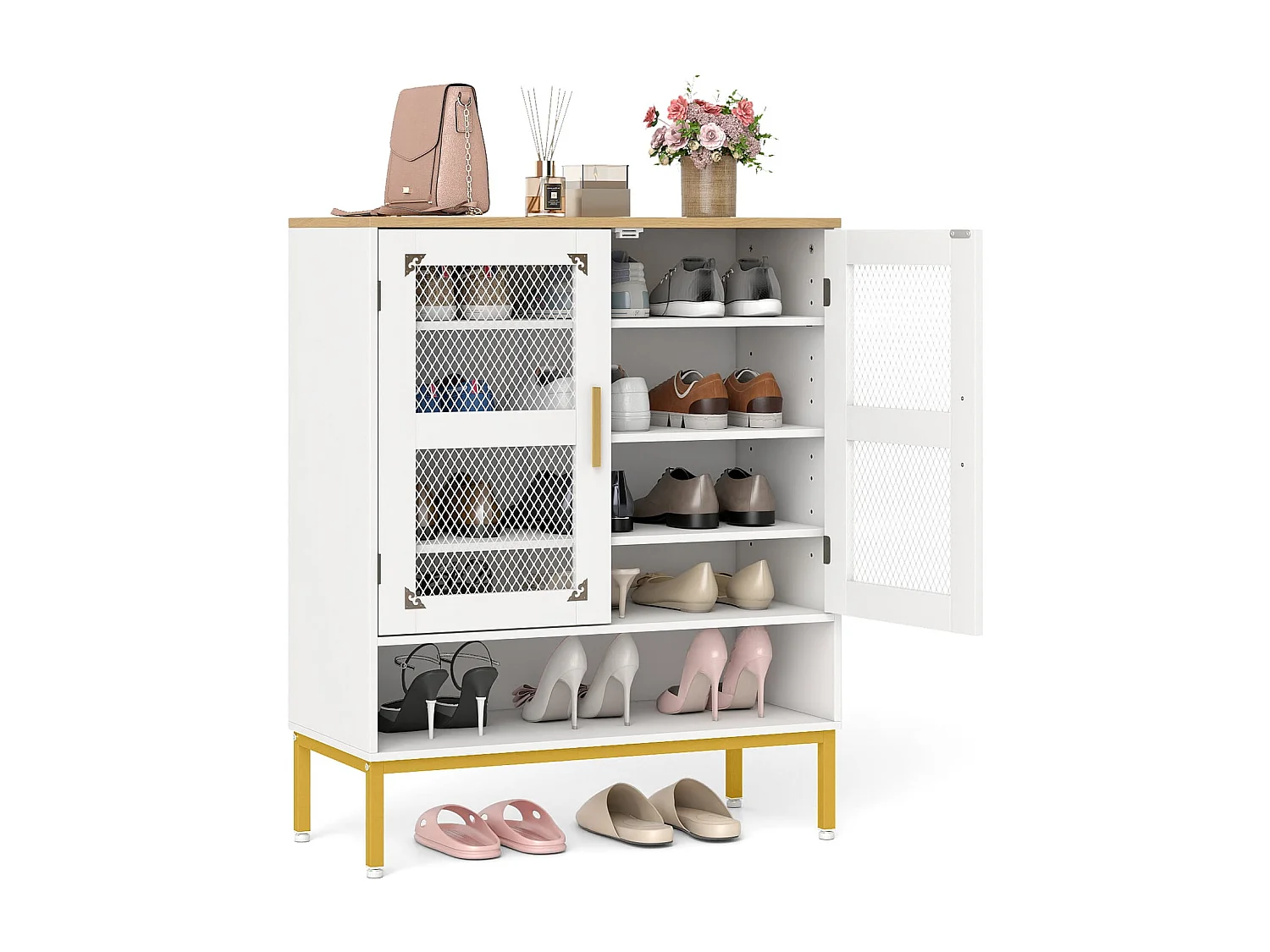 Moderner Holz Schuhschrank mit Mesh Türen & Metallbeinen & Verstellbaren Regalen Weiß