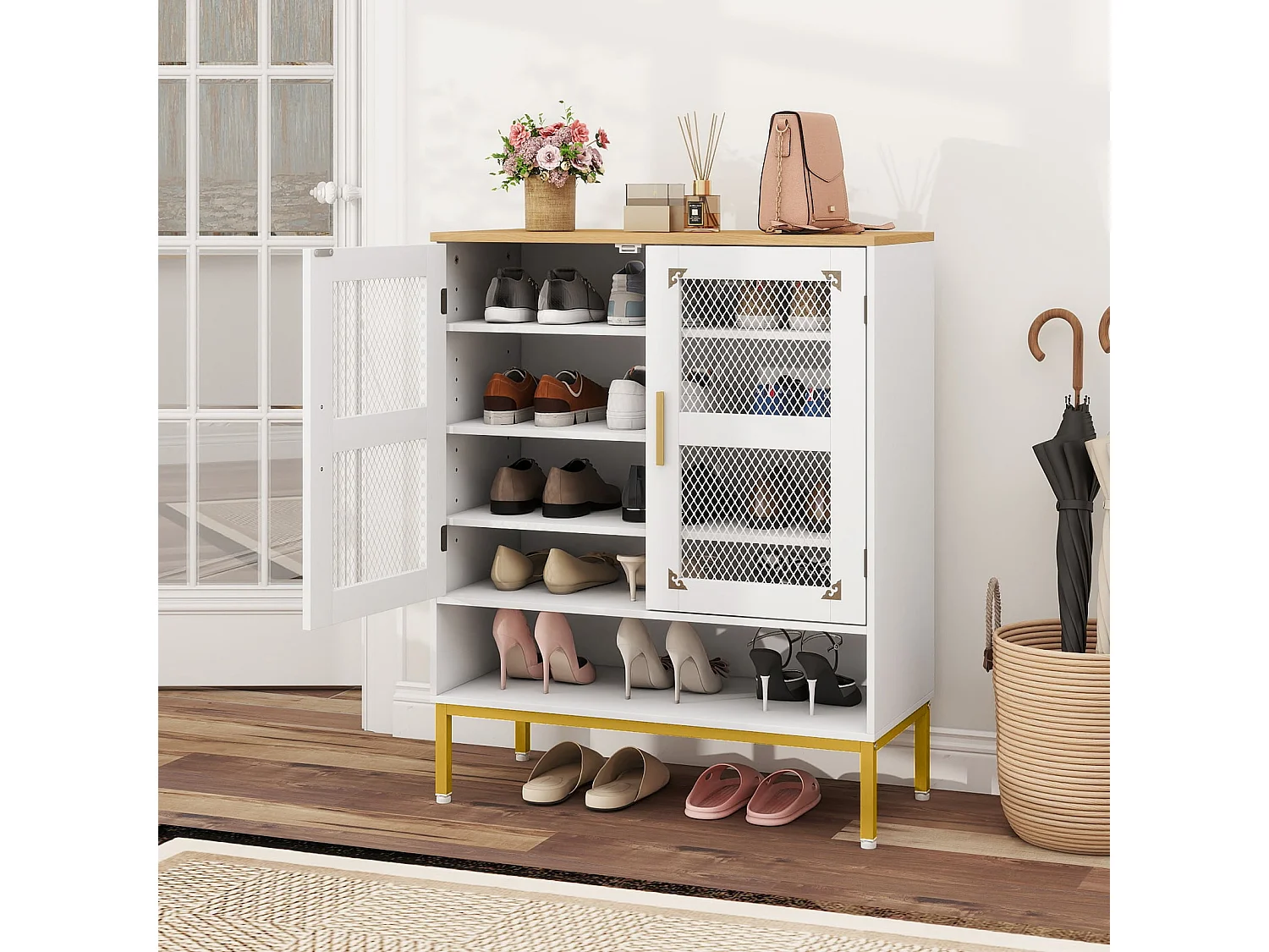 Moderner Holz Schuhschrank mit Mesh Türen & Metallbeinen & Verstellbaren Regalen Weiß