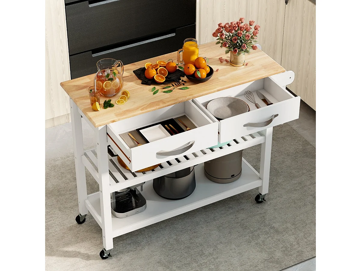 Carrello portautensili a 3 livelli con piano in legno e 2 ripiani aperti, Isola da cucina con spazio di archiviazione Bianco