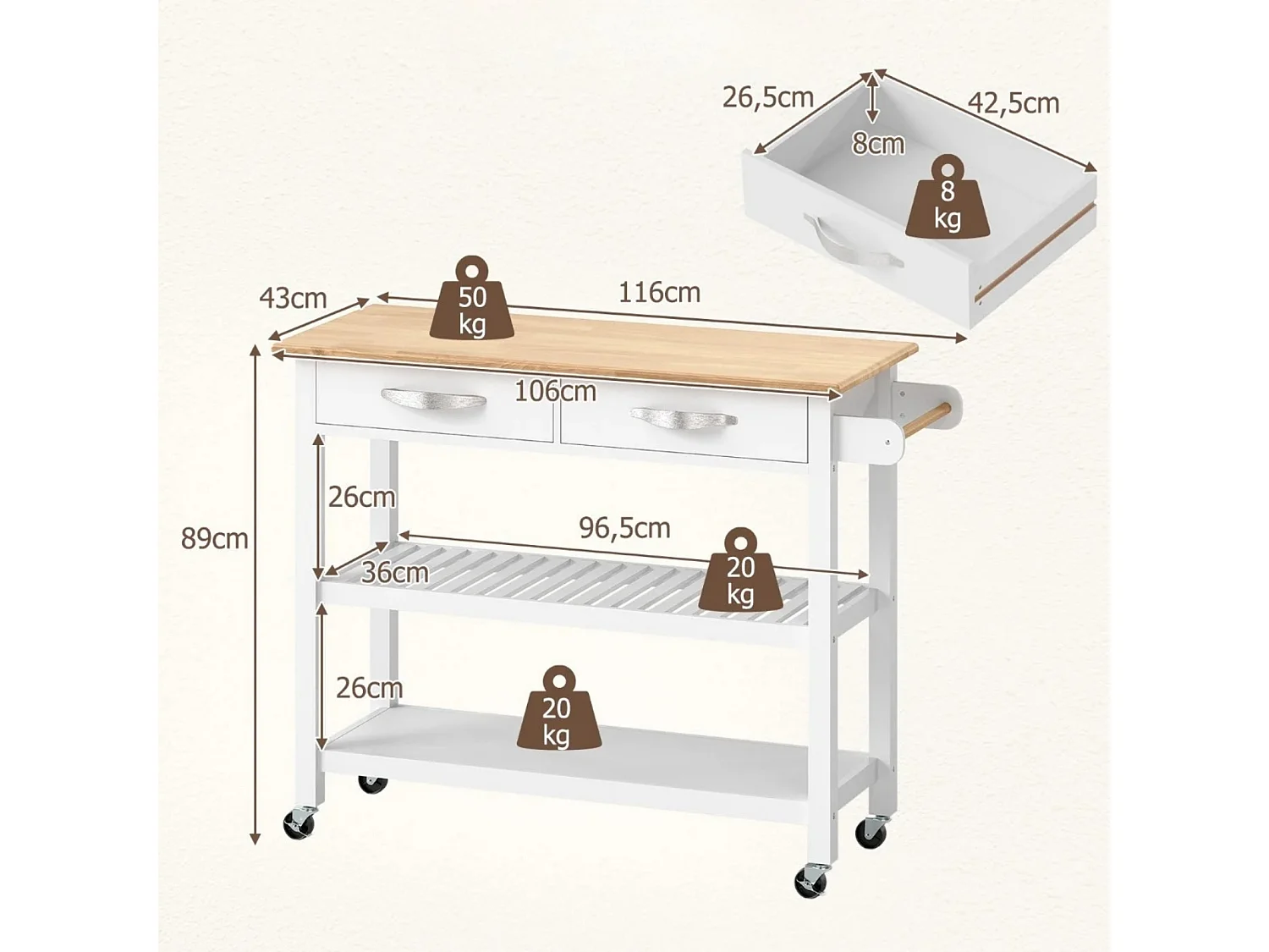 Carrello portautensili a 3 livelli con piano in legno e 2 ripiani aperti, Isola da cucina con spazio di archiviazione Bianco