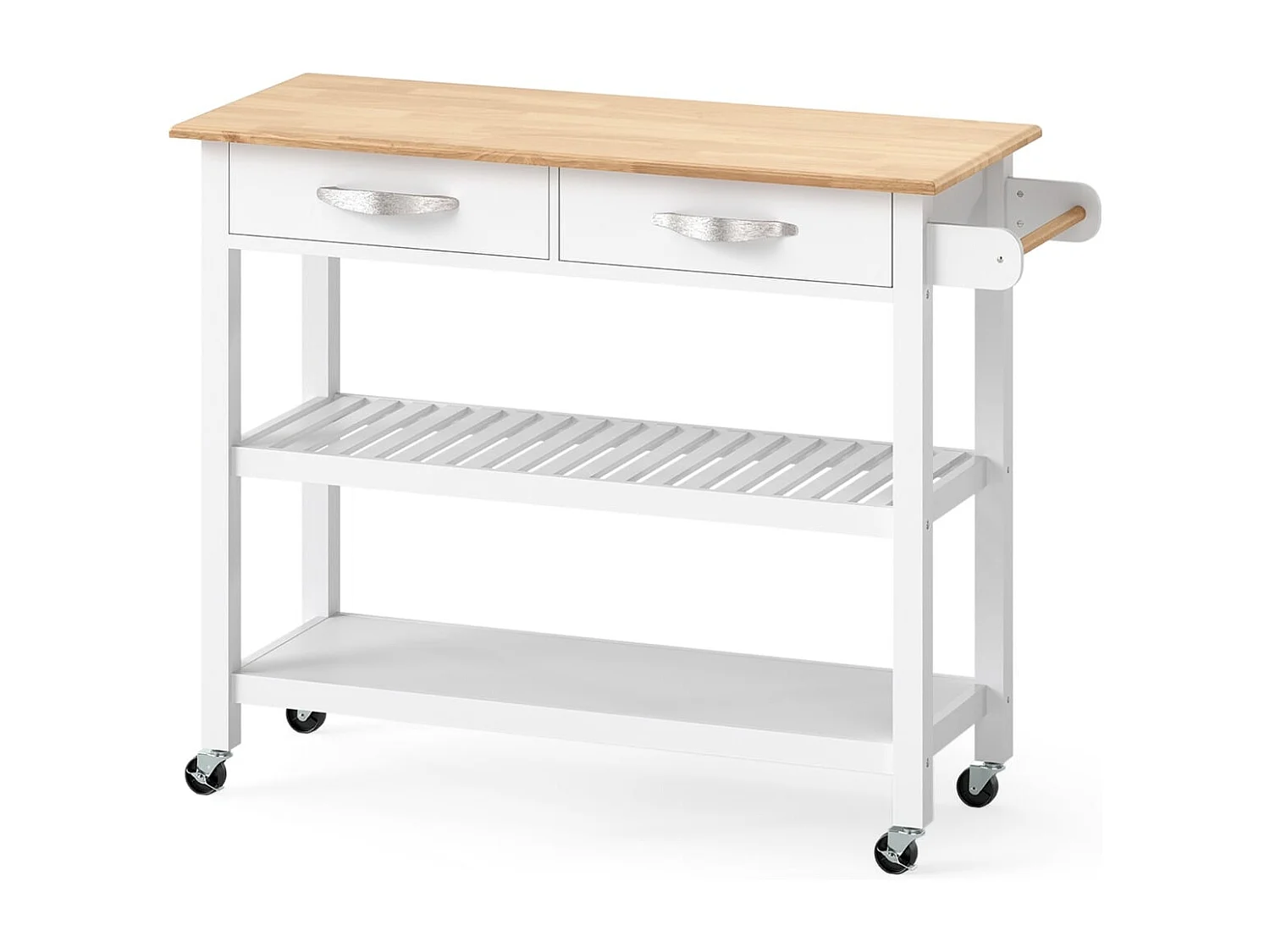 Carrello portautensili a 3 livelli con piano in legno e 2 ripiani aperti, Isola da cucina con spazio di archiviazione Bianco