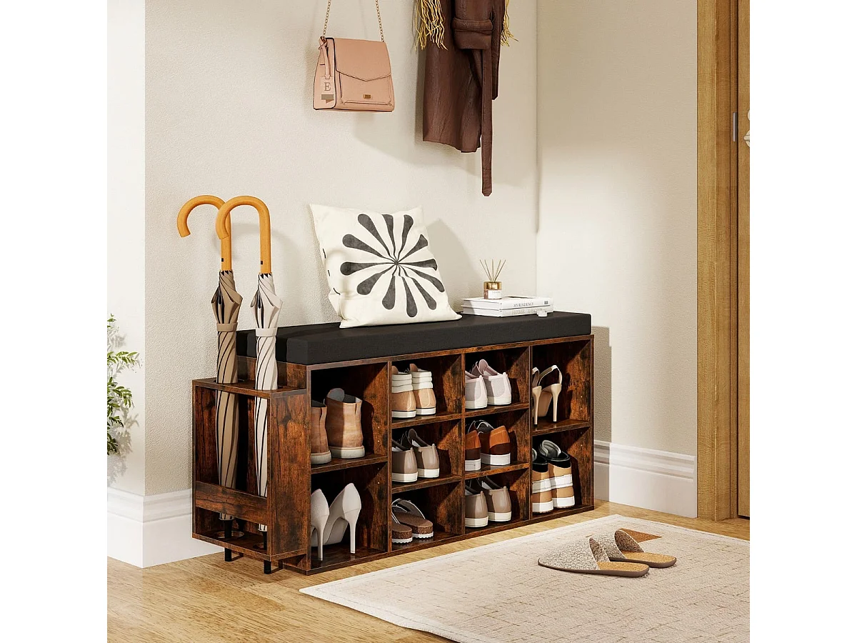 Banc à chaussures avec porte-parapluies avec assise rembourrée & étagères amovibles Marron rustique