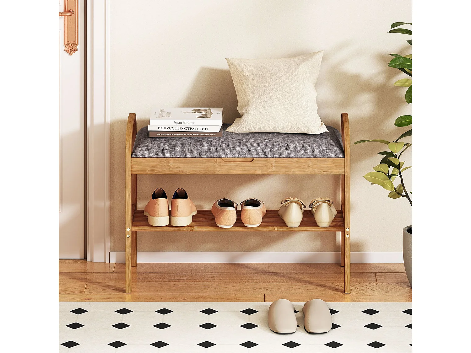 Banc à Chaussures en Bambou avec Rangement Étagère à Chaussures à 2 Niveaux avec Coussin Rembourré et Étagère Meuble Compact Gris