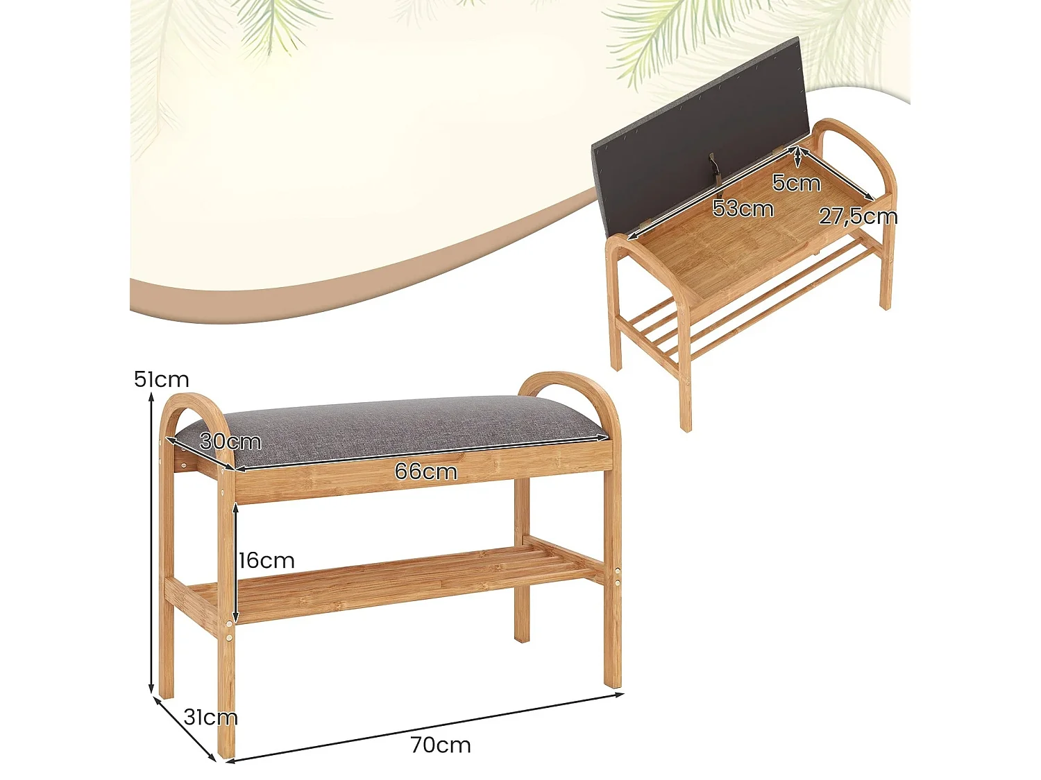 Banc à Chaussures en Bambou avec Rangement Étagère à Chaussures à 2 Niveaux avec Coussin Rembourré et Étagère Meuble Compact Gris