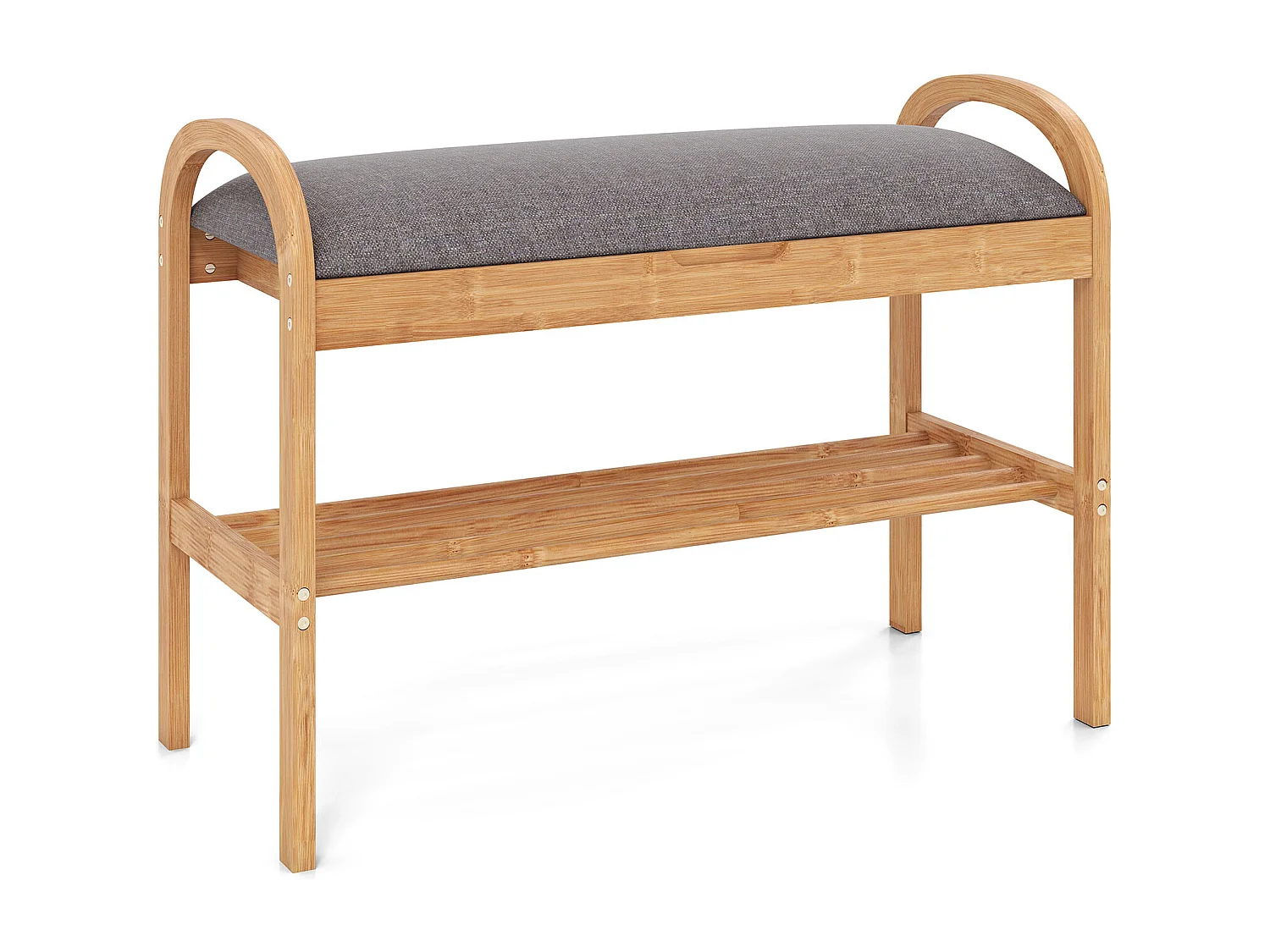 Banc à Chaussures en Bambou avec Rangement Étagère à Chaussures à 2 Niveaux avec Coussin Rembourré et Étagère Meuble Compact Gris