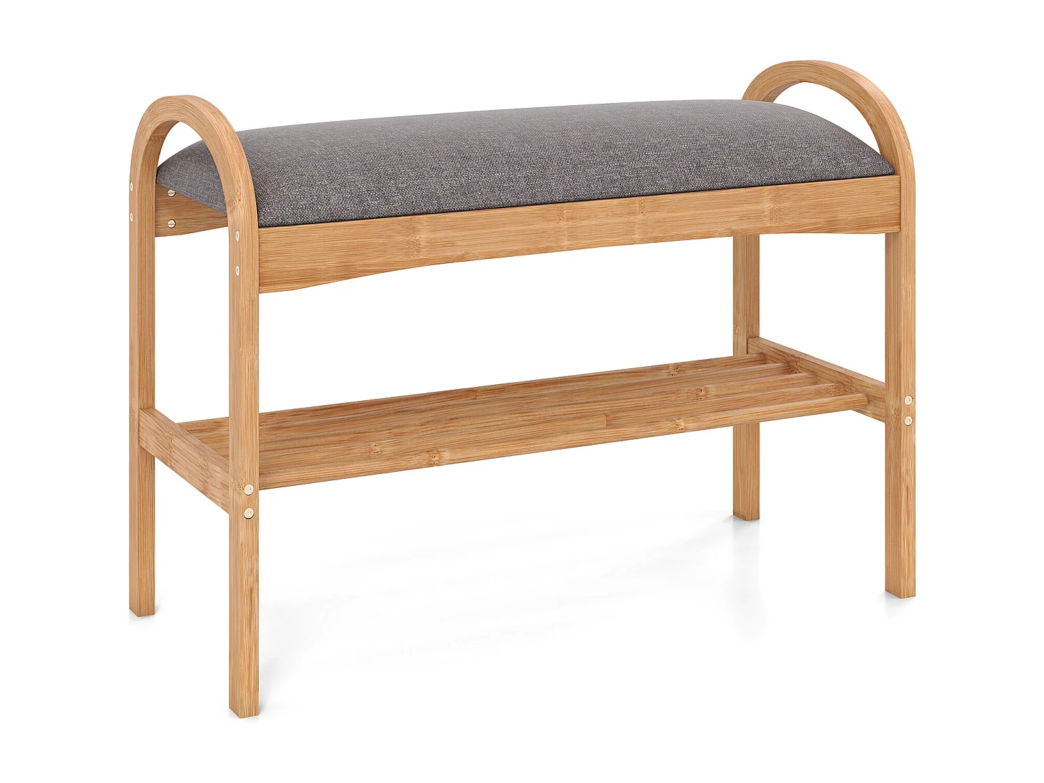 Banc à chaussures en bambou Étagère à chaussures à 2 niveaux avec coussin d'assise rembourré & étagère 70 x 31,5 x 51 cm Nature & Gris