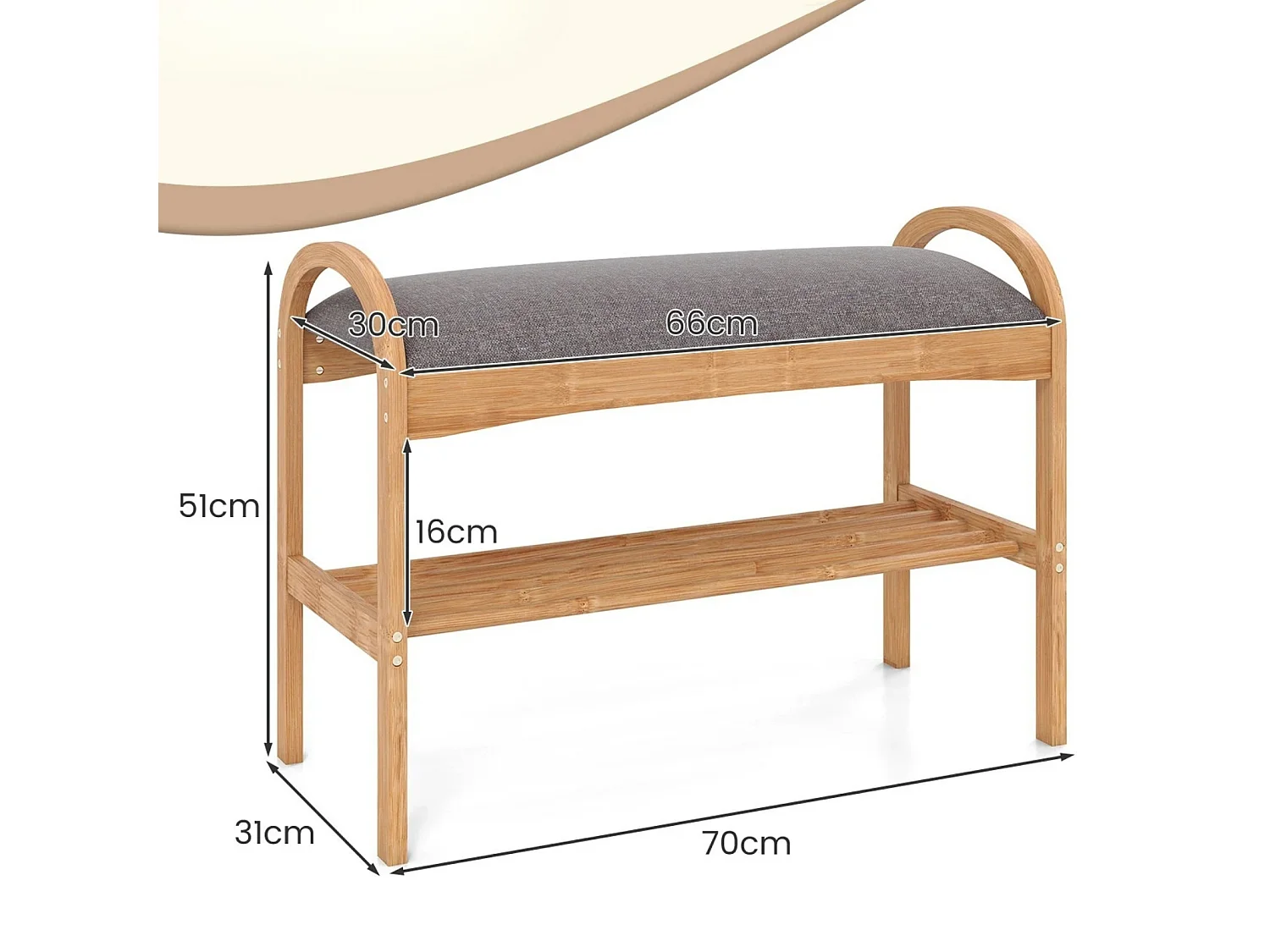 Banc à chaussures en bambou Étagère à chaussures à 2 niveaux avec coussin d'assise rembourré & étagère 70 x 31,5 x 51 cm Nature & Gris
