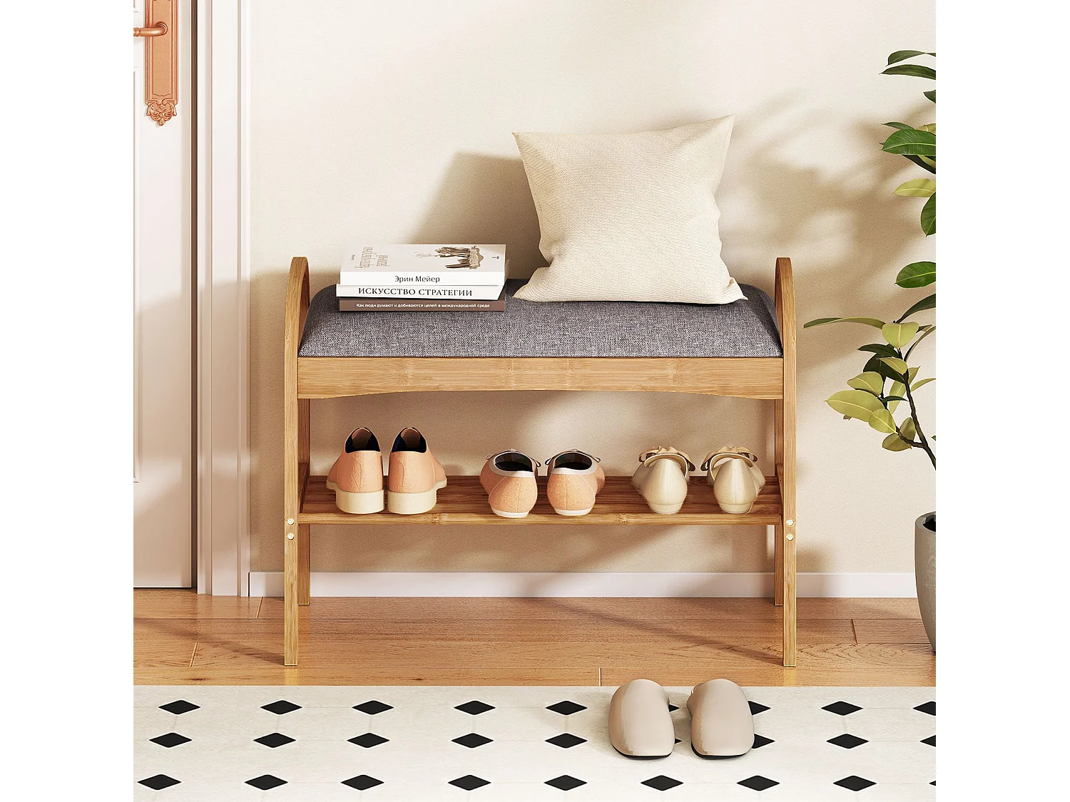 Banc à chaussures en bambou Étagère à chaussures à 2 niveaux avec coussin d'assise rembourré & étagère 70 x 31,5 x 51 cm Nature & Gris