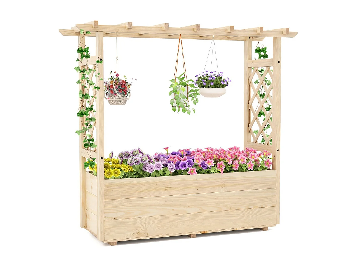 Jardinière avec 2 Treillis Latéraux Toit Suspendu en Bois Massif avec Trou de Drainage Lit de Jardin Surélevé 115 x 40 x 103 cm Naturel