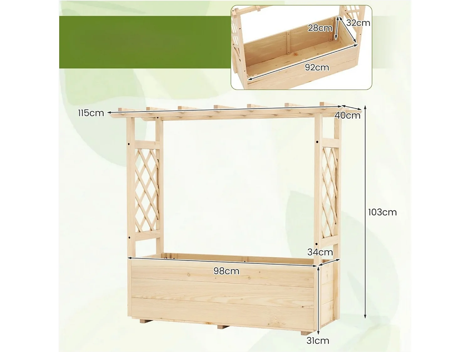 Jardinière avec 2 Treillis Latéraux Toit Suspendu en Bois Massif avec Trou de Drainage Lit de Jardin Surélevé 115 x 40 x 103 cm Naturel
