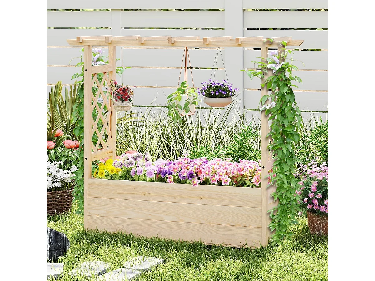 Jardinière avec 2 Treillis Latéraux Toit Suspendu en Bois Massif avec Trou de Drainage Lit de Jardin Surélevé 115 x 40 x 103 cm Naturel