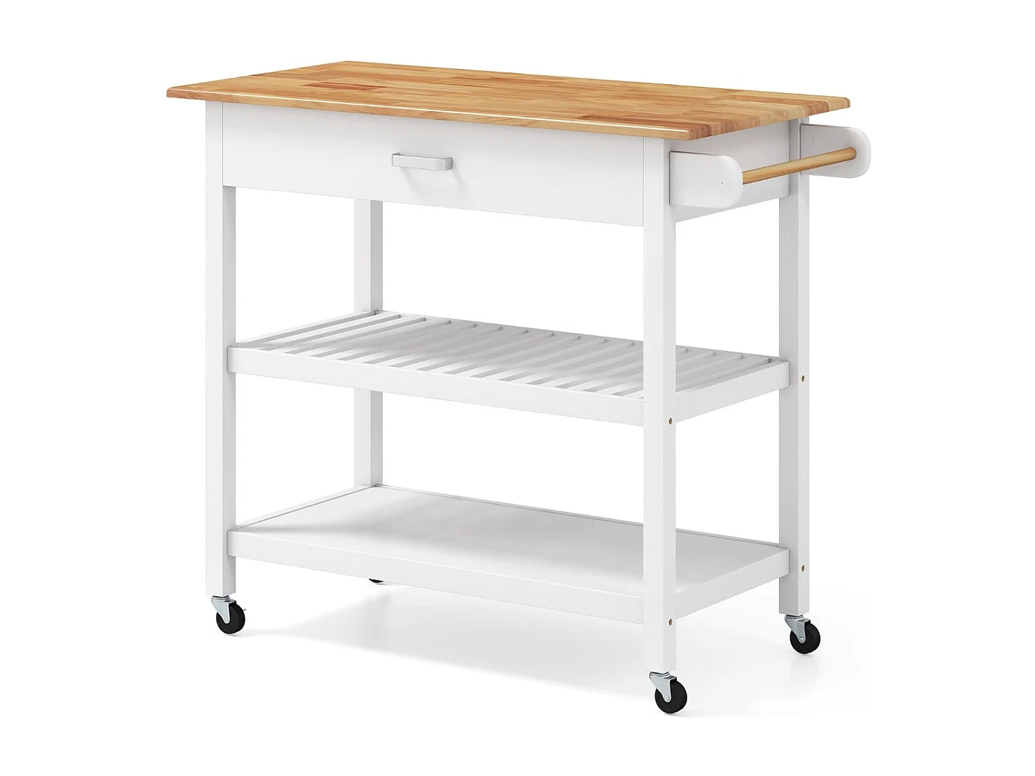 Carrello di servizio a 3 livelli con piano in legno e 2 ripiani aperti, Isola da cucina con spazio di archiviazione Bianco
