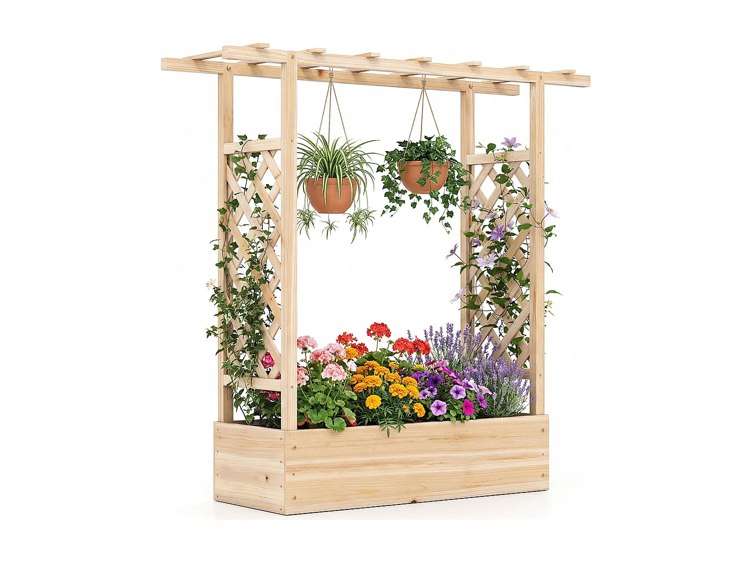 Jardinière avec 2 Treillis Latéraux Toit Suspendu en Bois d'Épicéa avec Trou de Drainage Lit de Jardin Surélevé 110 x 35 x 114 cm Naturel