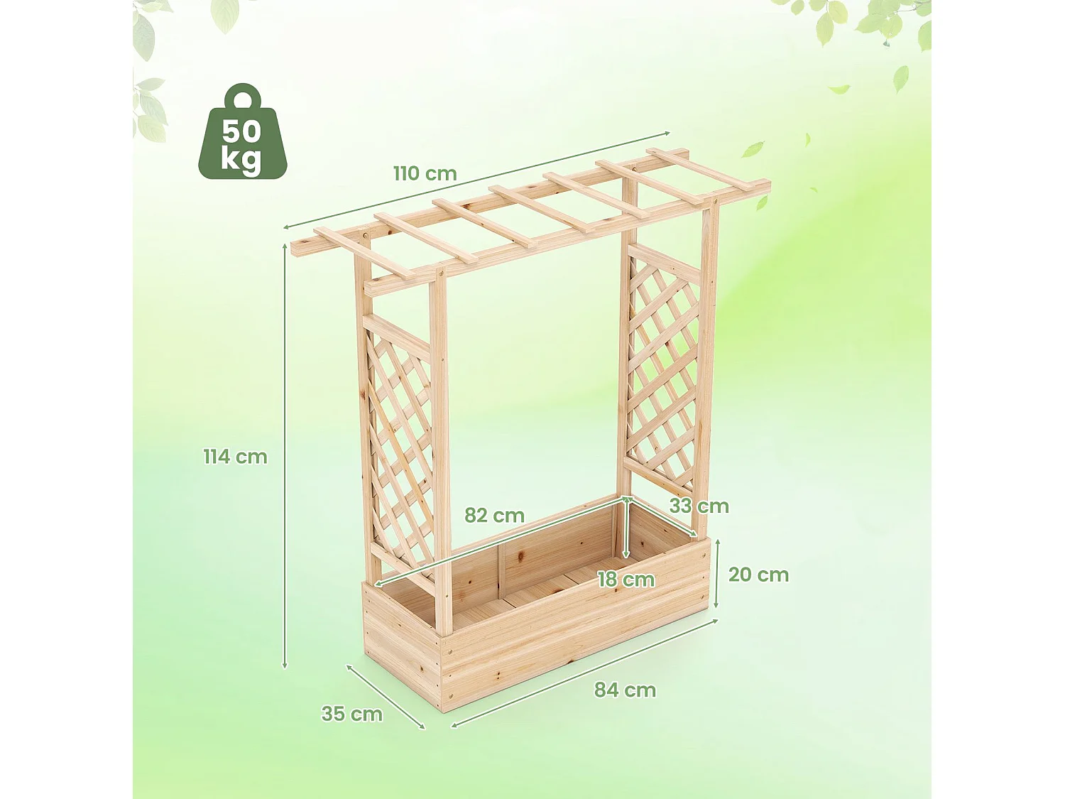 Jardinière avec 2 Treillis Latéraux Toit Suspendu en Bois d'Épicéa avec Trou de Drainage Lit de Jardin Surélevé 110 x 35 x 114 cm Naturel