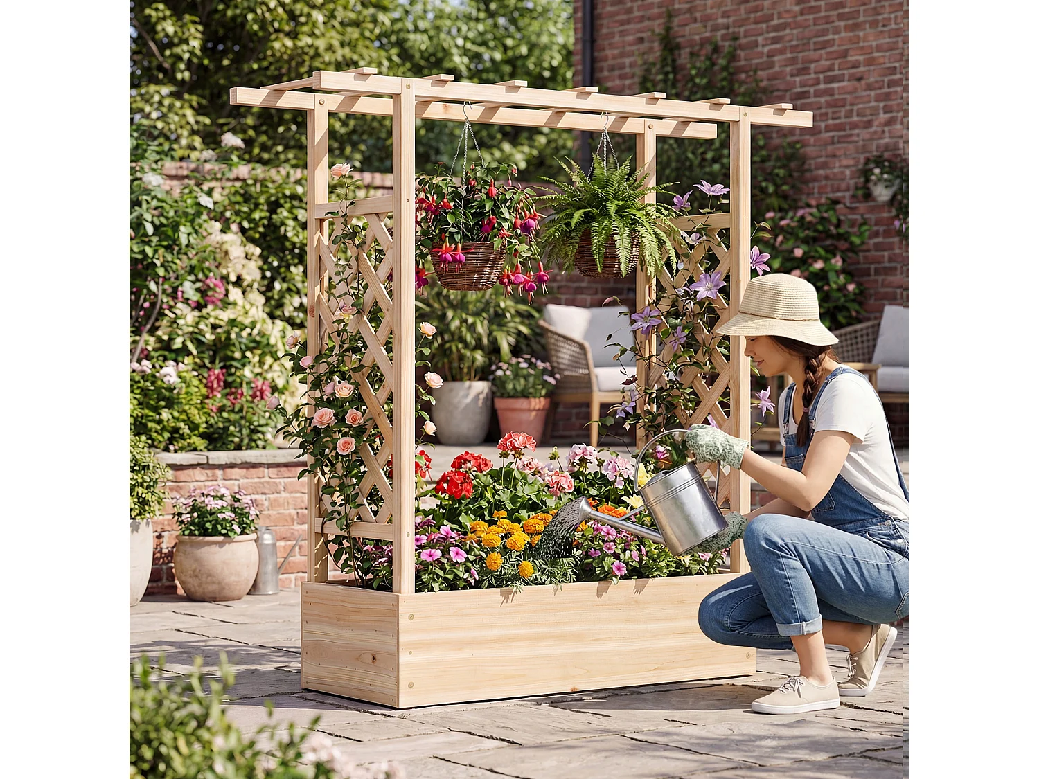 Jardinière avec 2 Treillis Latéraux Toit Suspendu en Bois d'Épicéa avec Trou de Drainage Lit de Jardin Surélevé 110 x 35 x 114 cm Naturel