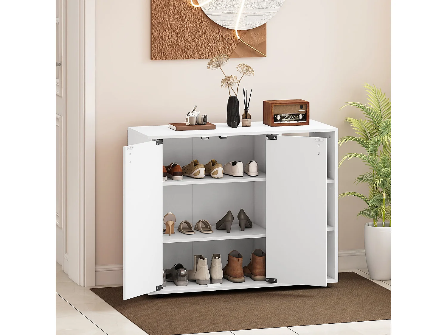 Schuhschrank mit 2 Türen & Verstellbaren Offenen Regalen Schuhregal Schuhkommode Weiß