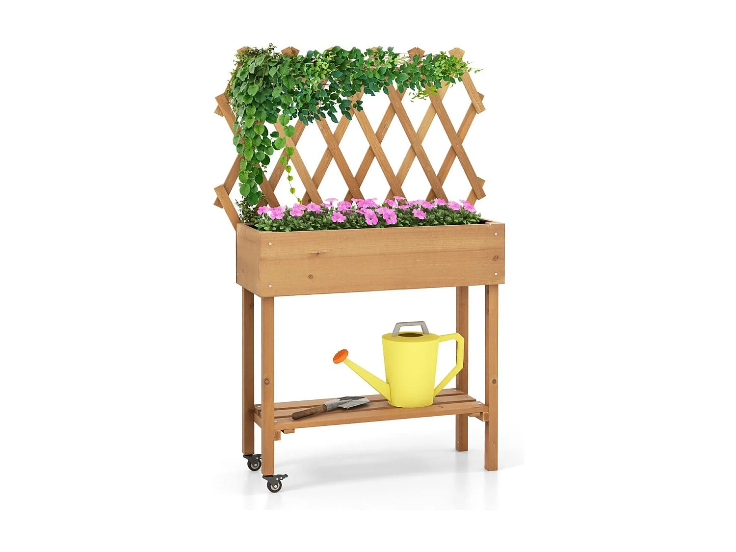 Lit de Jardin Surélevé en Bois avec Treillis Etagère de Rangement Jardinière Surélevée avec Roues Verrouillables Doublure en Tissu Naturel