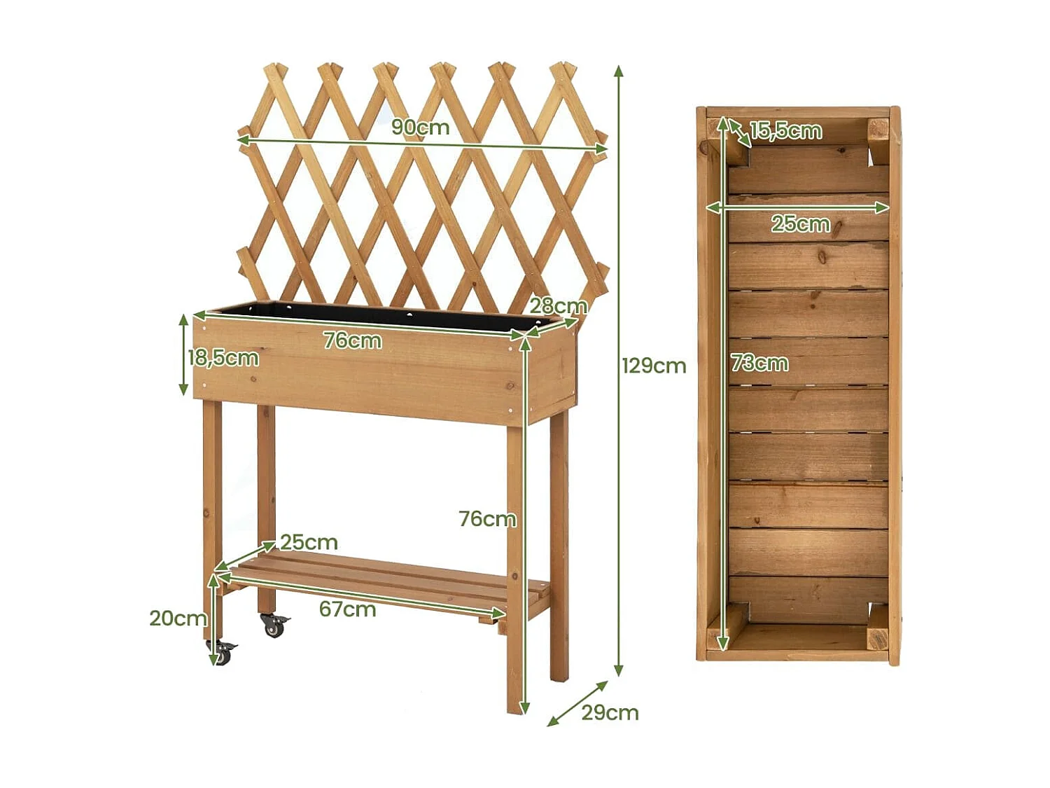Lit de Jardin Surélevé en Bois avec Treillis Etagère de Rangement Jardinière Surélevée avec Roues Verrouillables Doublure en Tissu Naturel