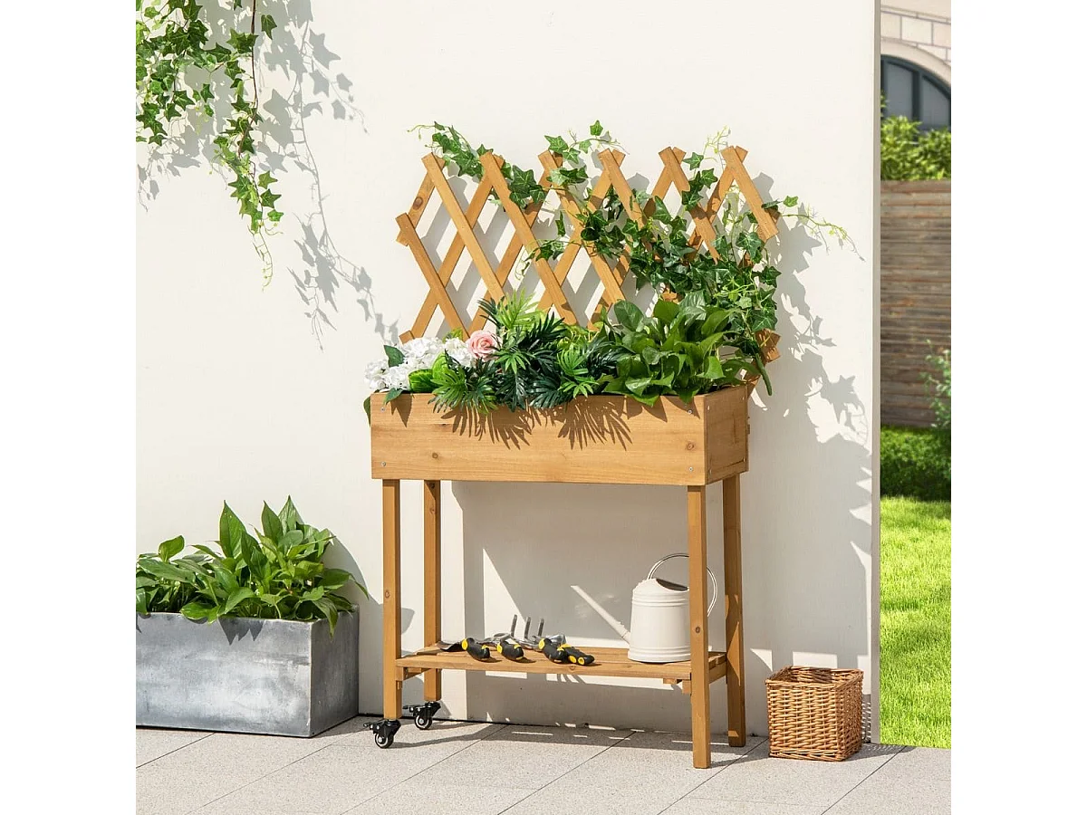Lit de Jardin Surélevé en Bois avec Treillis Etagère de Rangement Jardinière Surélevée avec Roues Verrouillables Doublure en Tissu Naturel