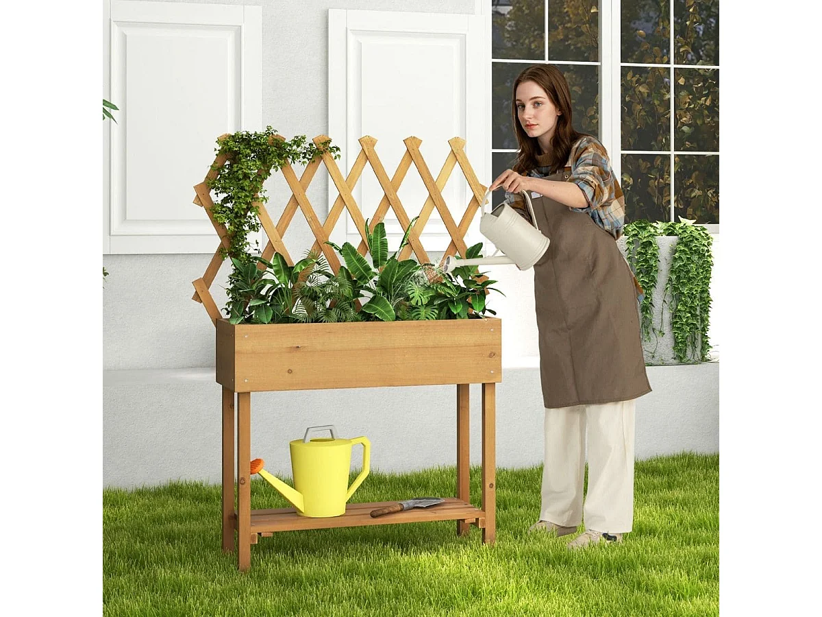 Lit de Jardin Surélevé en Bois avec Treillis Etagère de Rangement Jardinière Surélevée avec Roues Verrouillables Doublure en Tissu Naturel