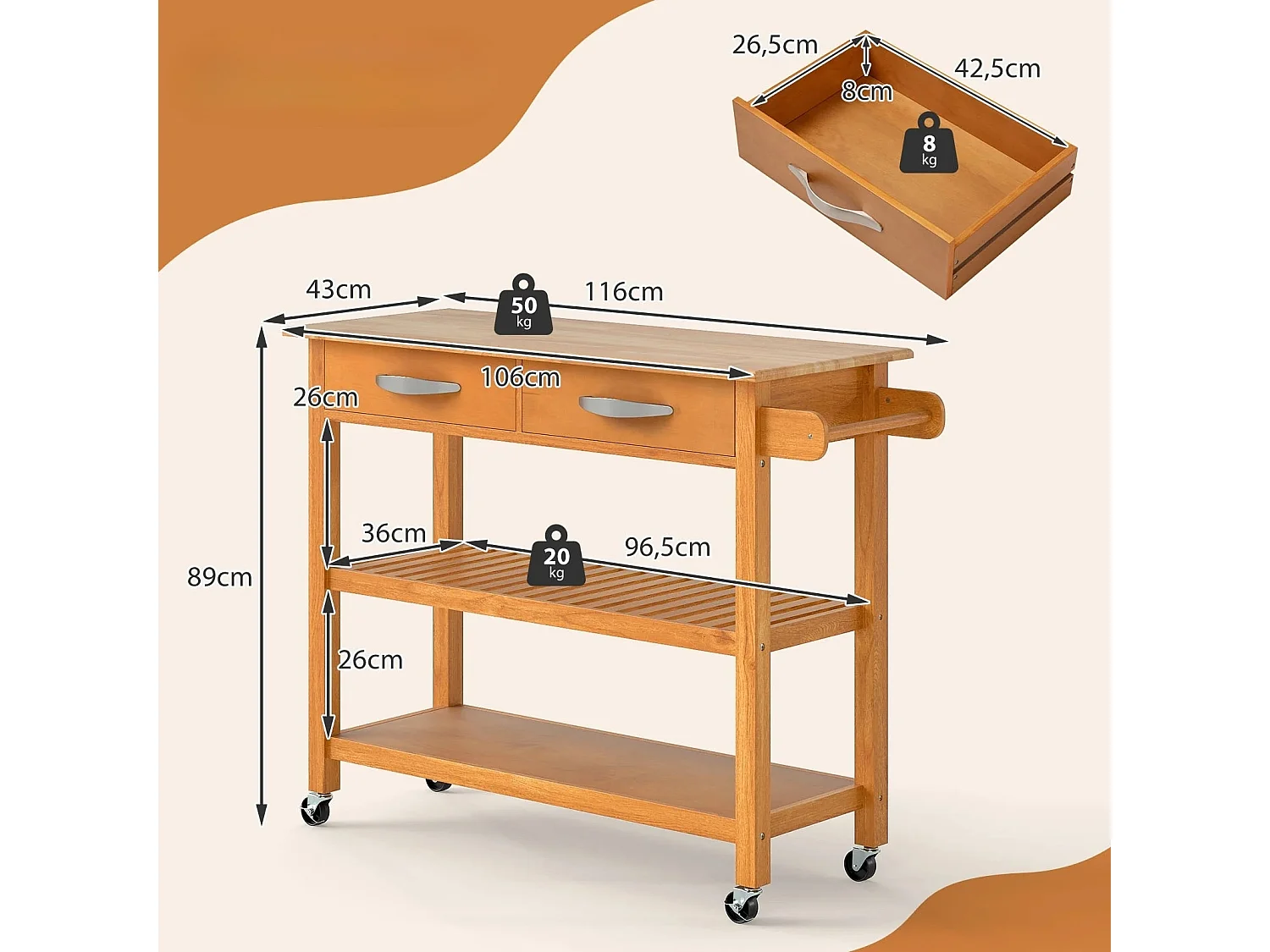 Holz Küchenwagen mit Arbeitsplatte & 2 Schubladen & 2 offenen Regalen & Küchenschrank Natur