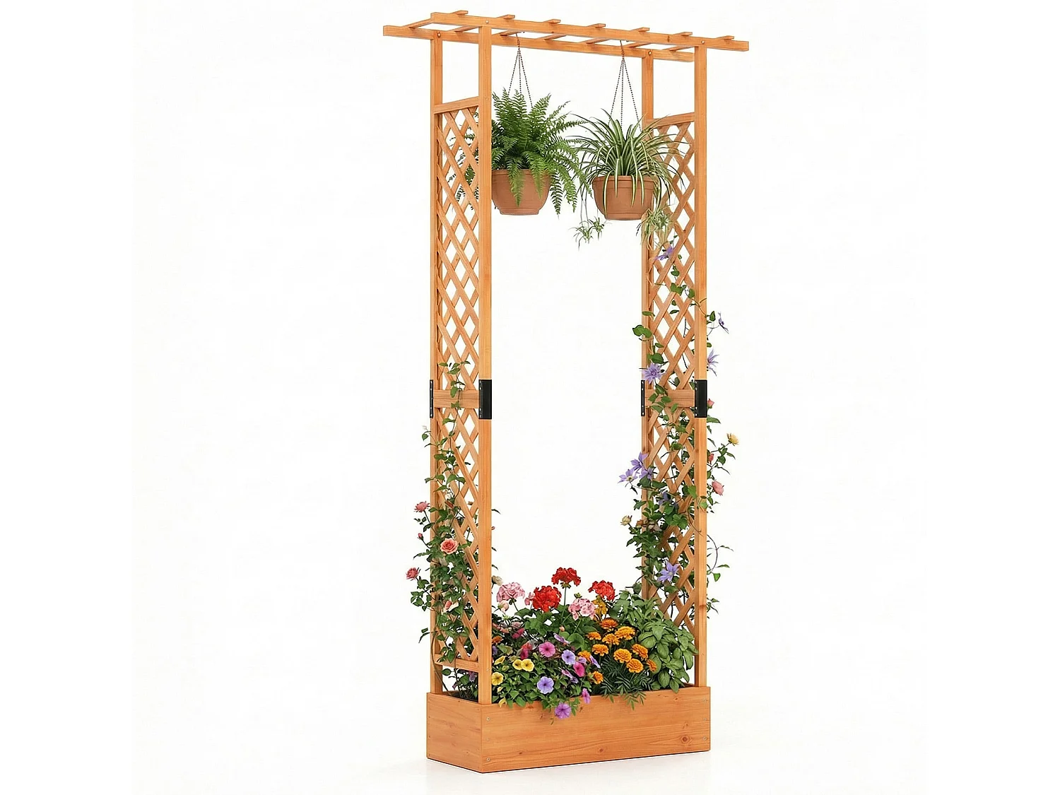 Jardinière avec 2 Treillis Latéraux Toit Suspendu en Bois d'Épicéa avec Trou de Drainage Lit de Jardin Surélevé 110 x 35 x 227 cm Orange