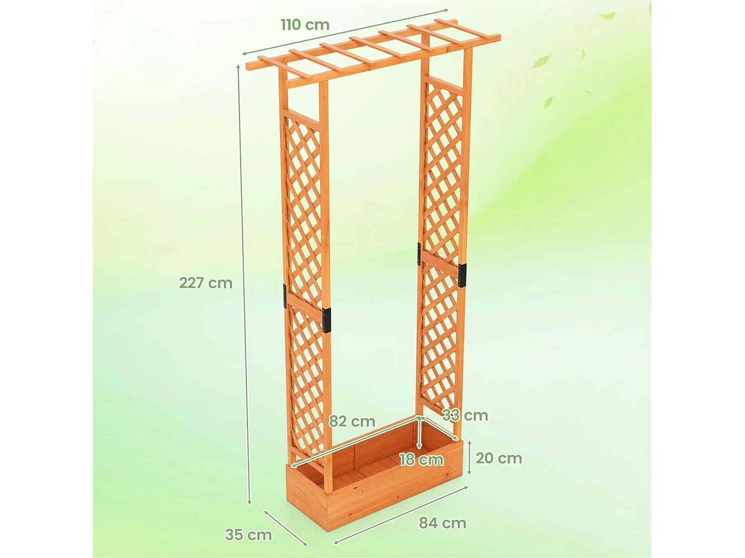 Jardinière avec 2 Treillis Latéraux Toit Suspendu en Bois d'Épicéa avec Trou de Drainage Lit de Jardin Surélevé 110 x 35 x 227 cm Orange