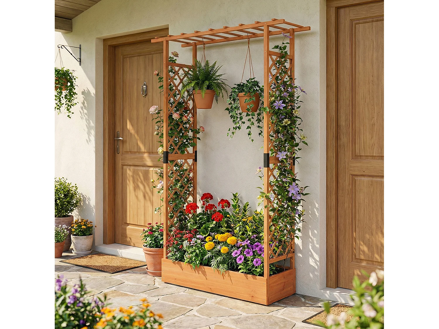 Jardinière avec 2 Treillis Latéraux Toit Suspendu en Bois d'Épicéa avec Trou de Drainage Lit de Jardin Surélevé 110 x 35 x 227 cm Orange