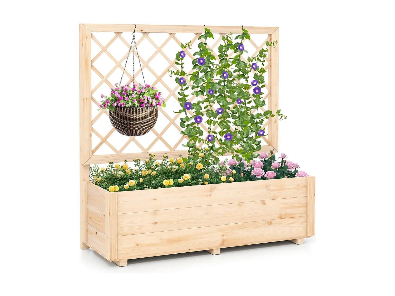 Jardinière Surélevée avec Treillis en Bois de Sapin avec Trou de Drainage Bac à Fleurs pour Plante Grimpante Vigne Lit de Jardin Naturel