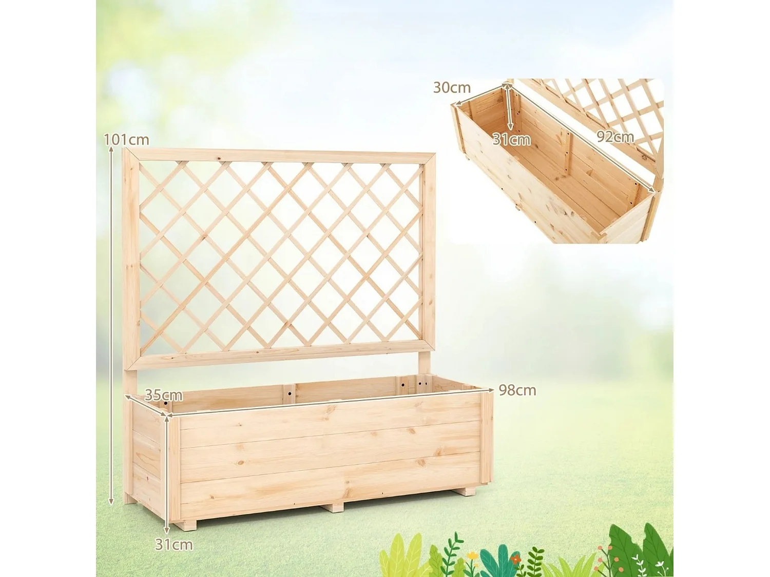 Jardinière Surélevée avec Treillis en Bois de Sapin avec Trou de Drainage Bac à Fleurs pour Plante Grimpante Vigne Lit de Jardin Naturel